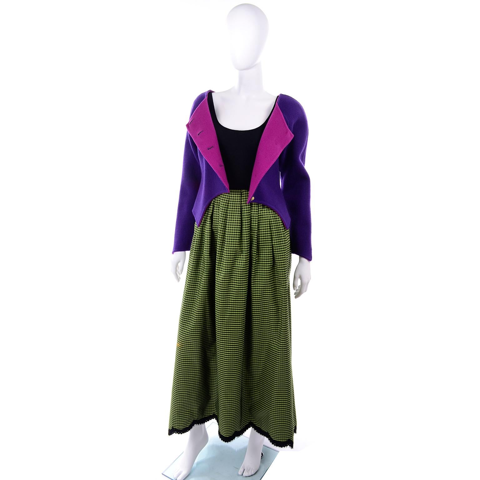 Geoffrey Beene Vintage Green Black Check Evening Dress With Purple Wool Jacket (Robe de soirée à carreaux verts et noirs et veste en laine violette) en vente 5