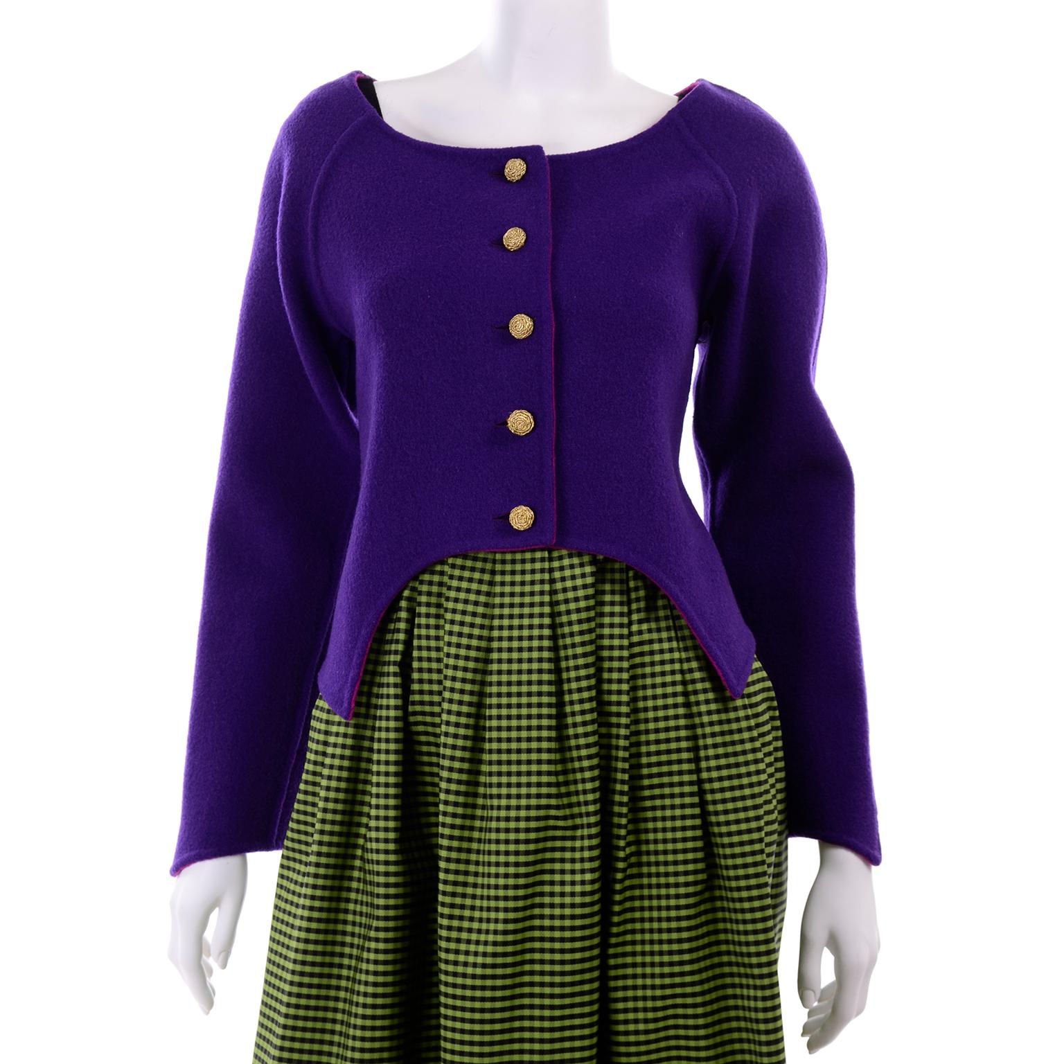 Geoffrey Beene Vintage Green Black Check Evening Dress With Purple Wool Jacket (Robe de soirée à carreaux verts et noirs et veste en laine violette) en vente 6