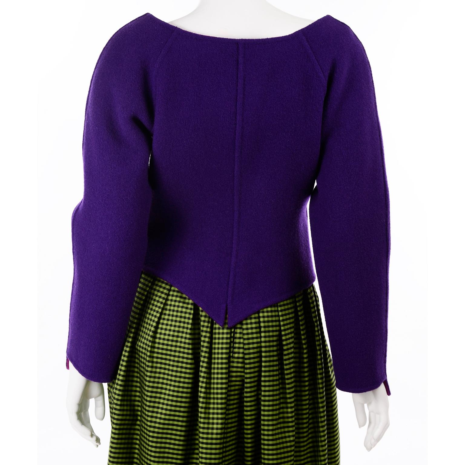 Geoffrey Beene Vintage Green Black Check Evening Dress With Purple Wool Jacket (Robe de soirée à carreaux verts et noirs et veste en laine violette) en vente 11
