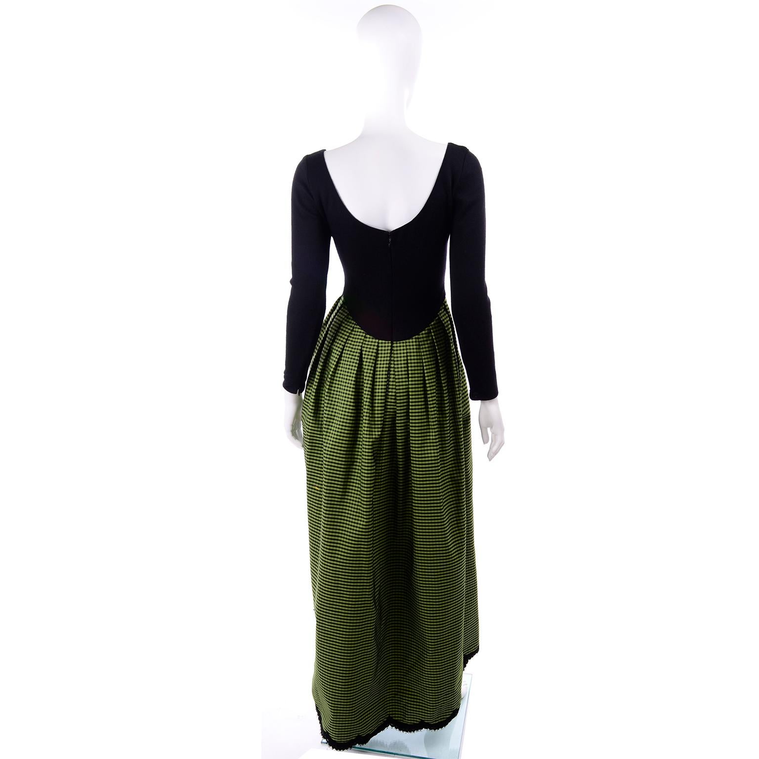 Geoffrey Beene Vintage Green Black Check Evening Dress With Purple Wool Jacket (Robe de soirée à carreaux verts et noirs et veste en laine violette) en vente 1