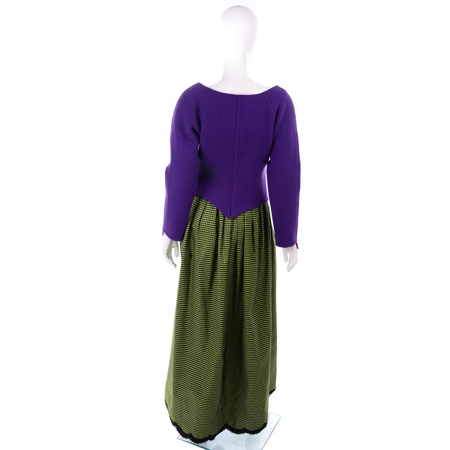 Geoffrey Beene Vintage Green Black Check Evening Dress With Purple Wool Jacket (Robe de soirée à carreaux verts et noirs et veste en laine violette) en vente 2