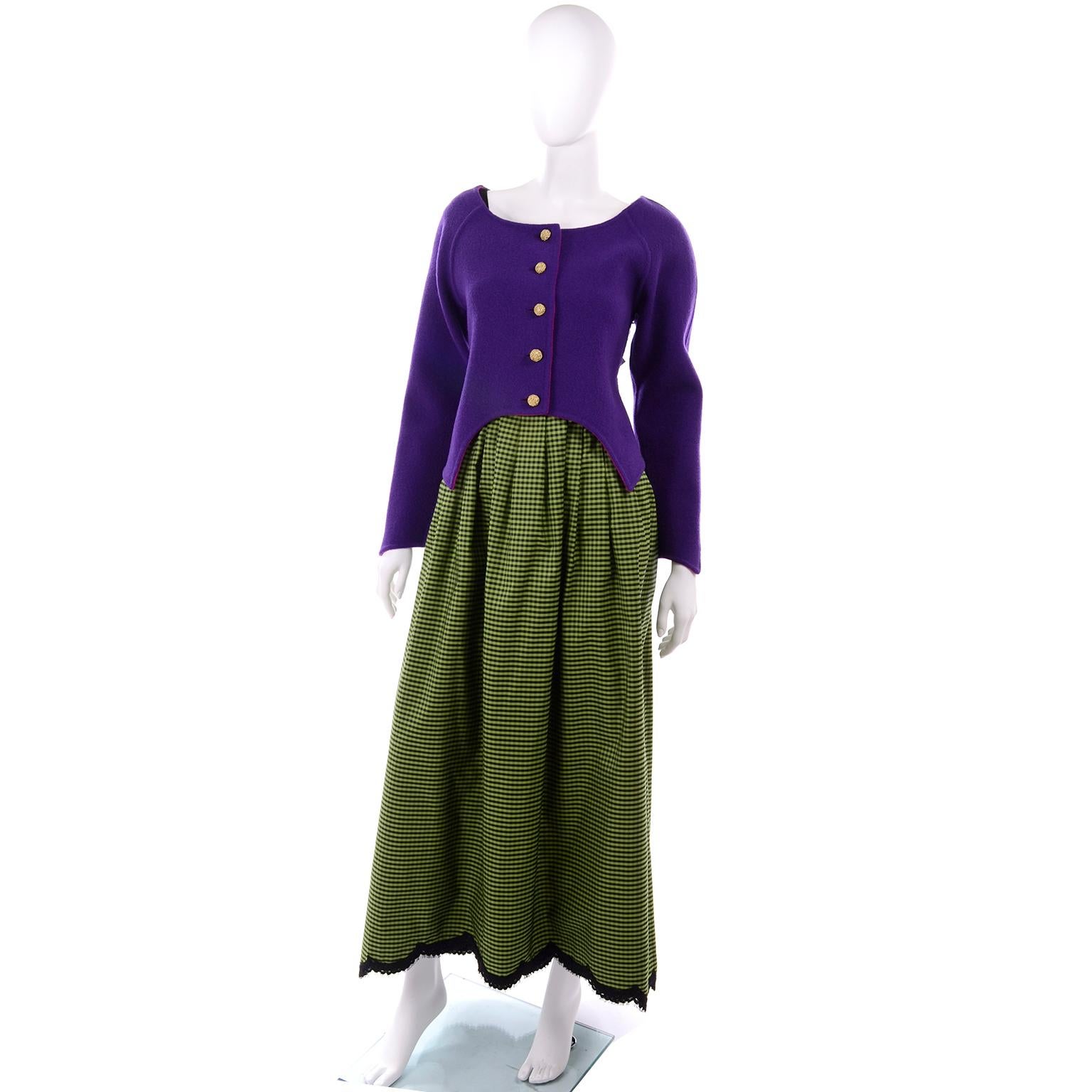 Geoffrey Beene Vintage Green Black Check Evening Dress With Purple Wool Jacket (Robe de soirée à carreaux verts et noirs et veste en laine violette) en vente 3