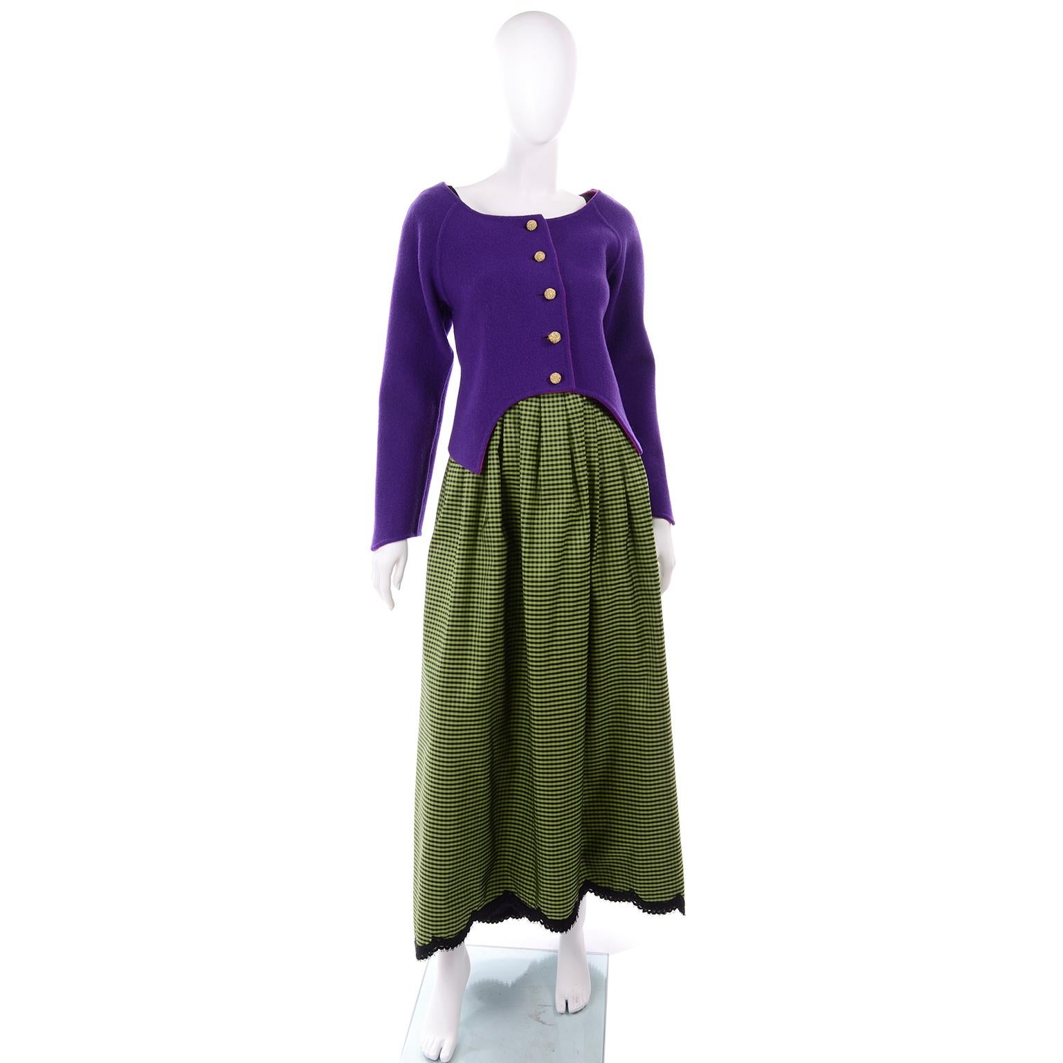 Geoffrey Beene Vintage Green Black Check Evening Dress With Purple Wool Jacket (Robe de soirée à carreaux verts et noirs et veste en laine violette) en vente 4