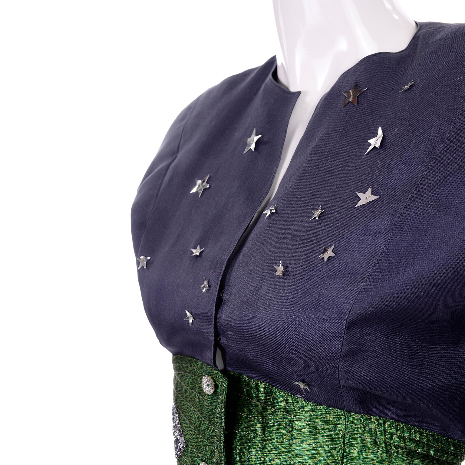 Geoffrey Beene Vintage Green & Blue Dress W/ Silver Stars & Quilted Corset Waist For Sale 2