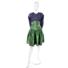 Geoffrey Beene Vintage Green & Blue Dress W/ Silver Stars & Quilted Corset Waist