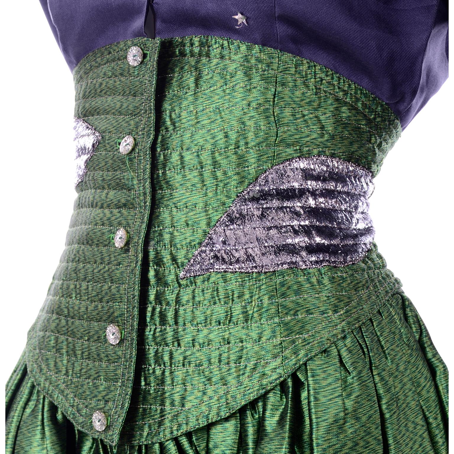 Black Geoffrey Beene Vintage Green & Blue Dress W/ Silver Stars & Quilted Corset Waist For Sale