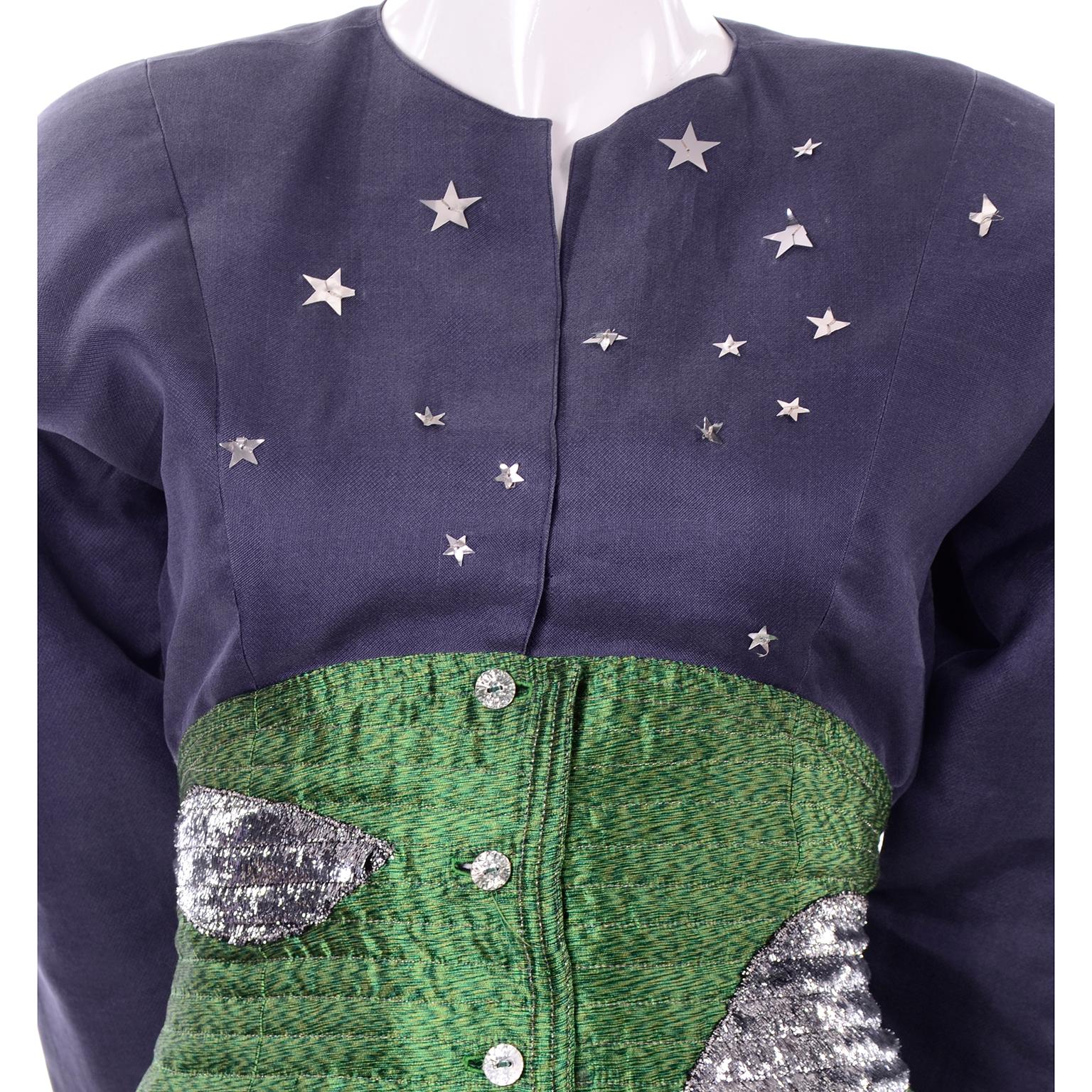 Geoffrey Beene Vintage Green & Blue Dress W/ Silver Stars & Quilted Corset Waist In Excellent Condition For Sale In Portland, OR