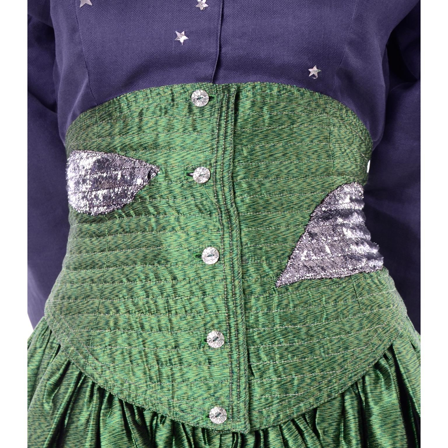 Geoffrey Beene Vintage Green & Blue Dress W/ Silver Stars & Quilted Corset Waist For Sale 1