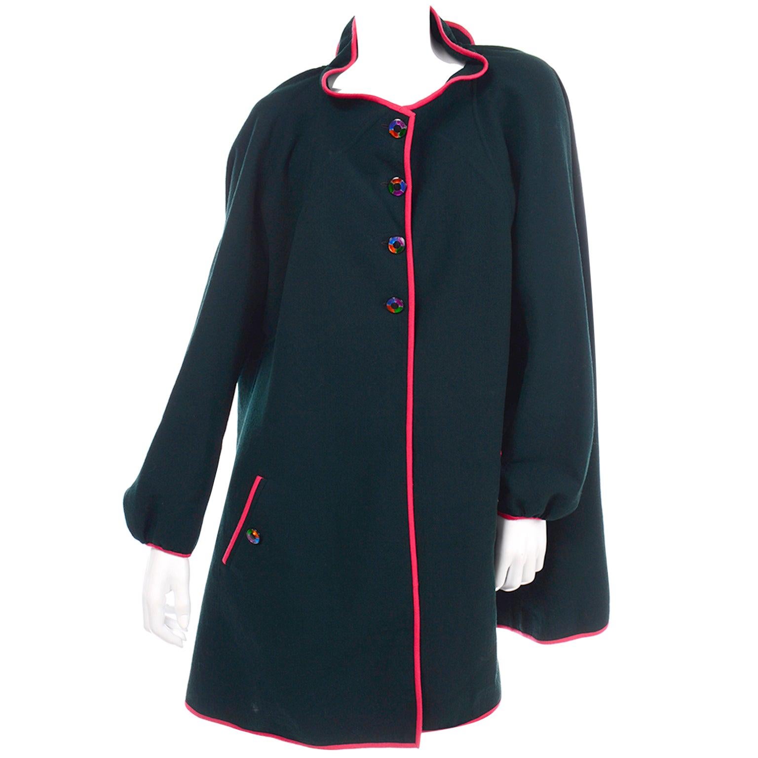 Geoffrey Beene Vintage Green Wool Swing Style Coat With Red Trim 