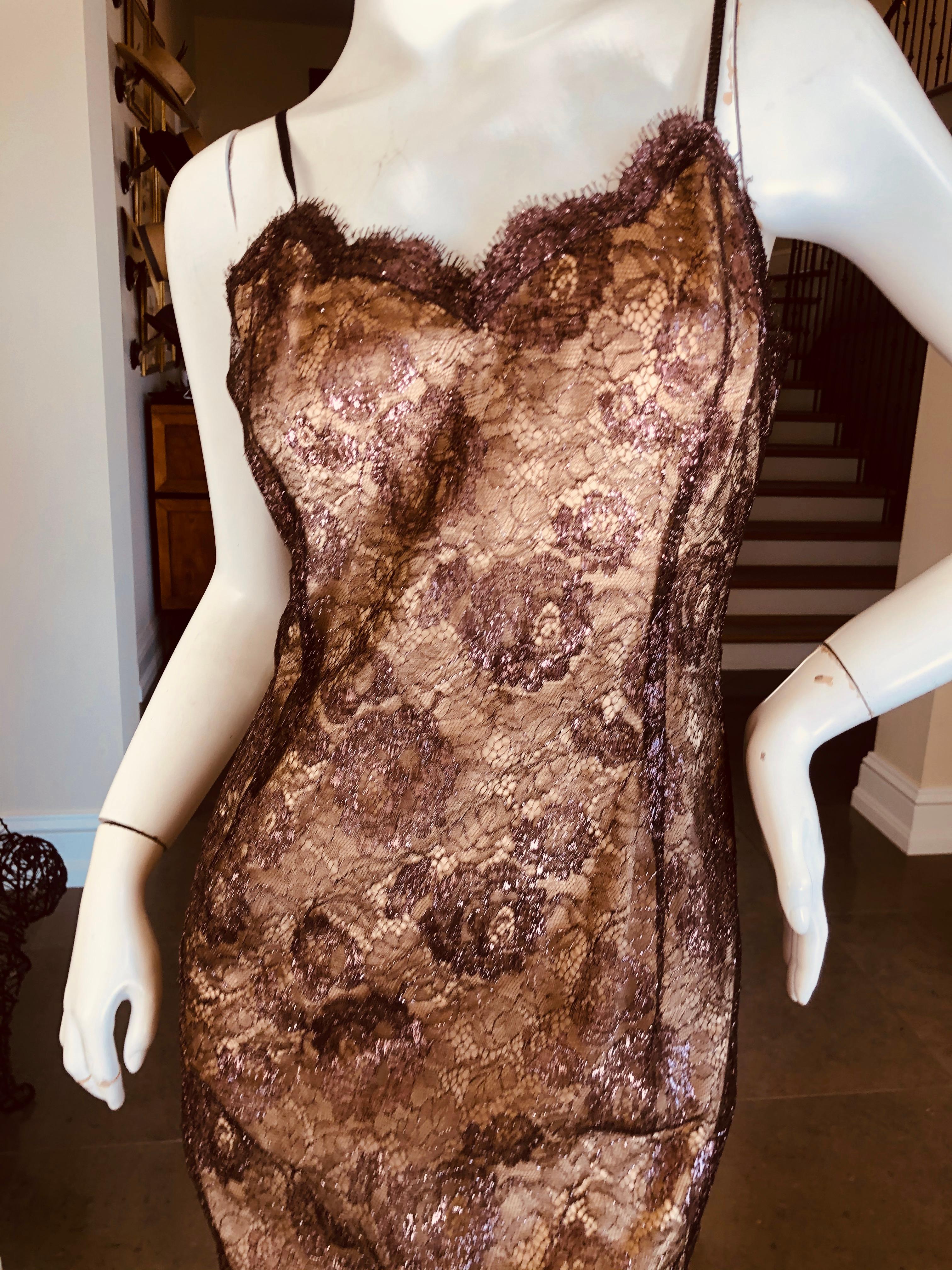 Brown Geoffrey Beene Vintage Metallic Accented Lace Dress with Scallop Edges and Belt For Sale