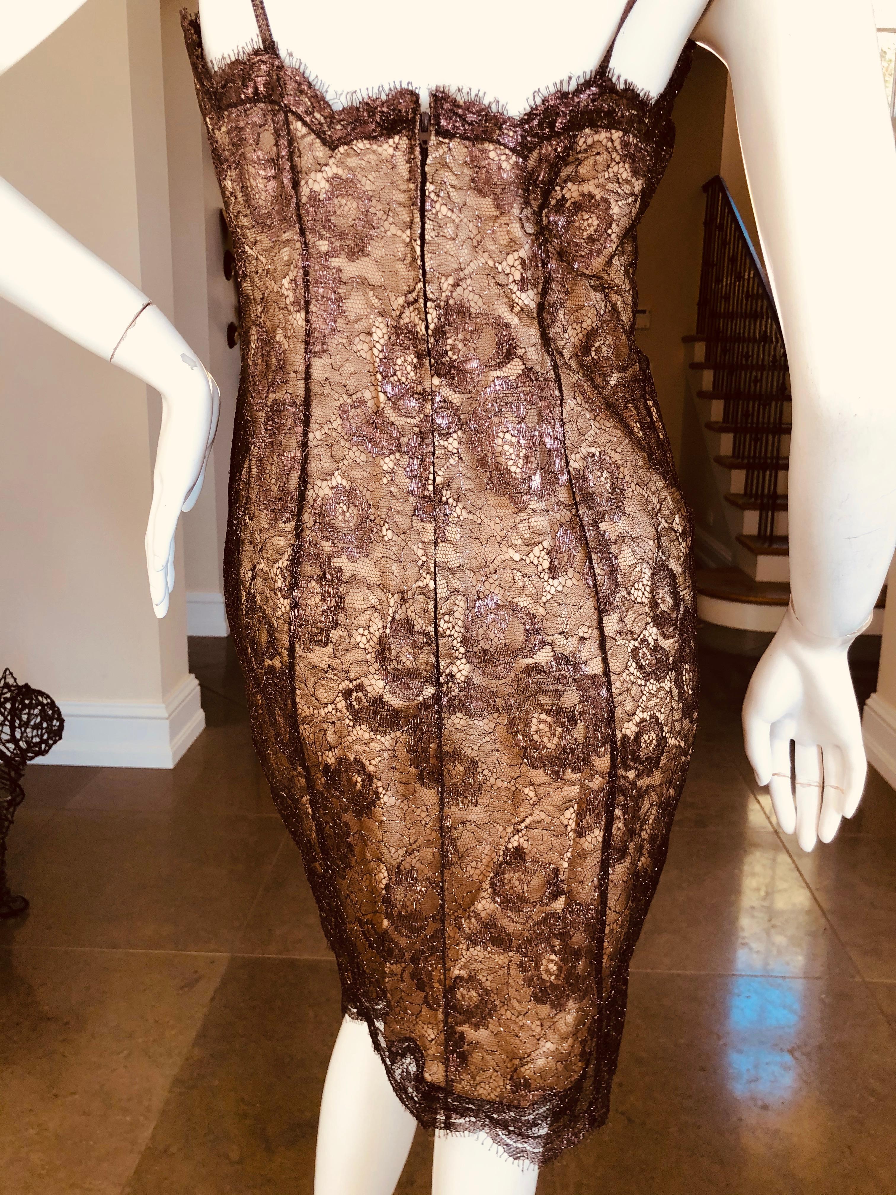Women's Geoffrey Beene Vintage Metallic Accented Lace Dress with Scallop Edges and Belt For Sale