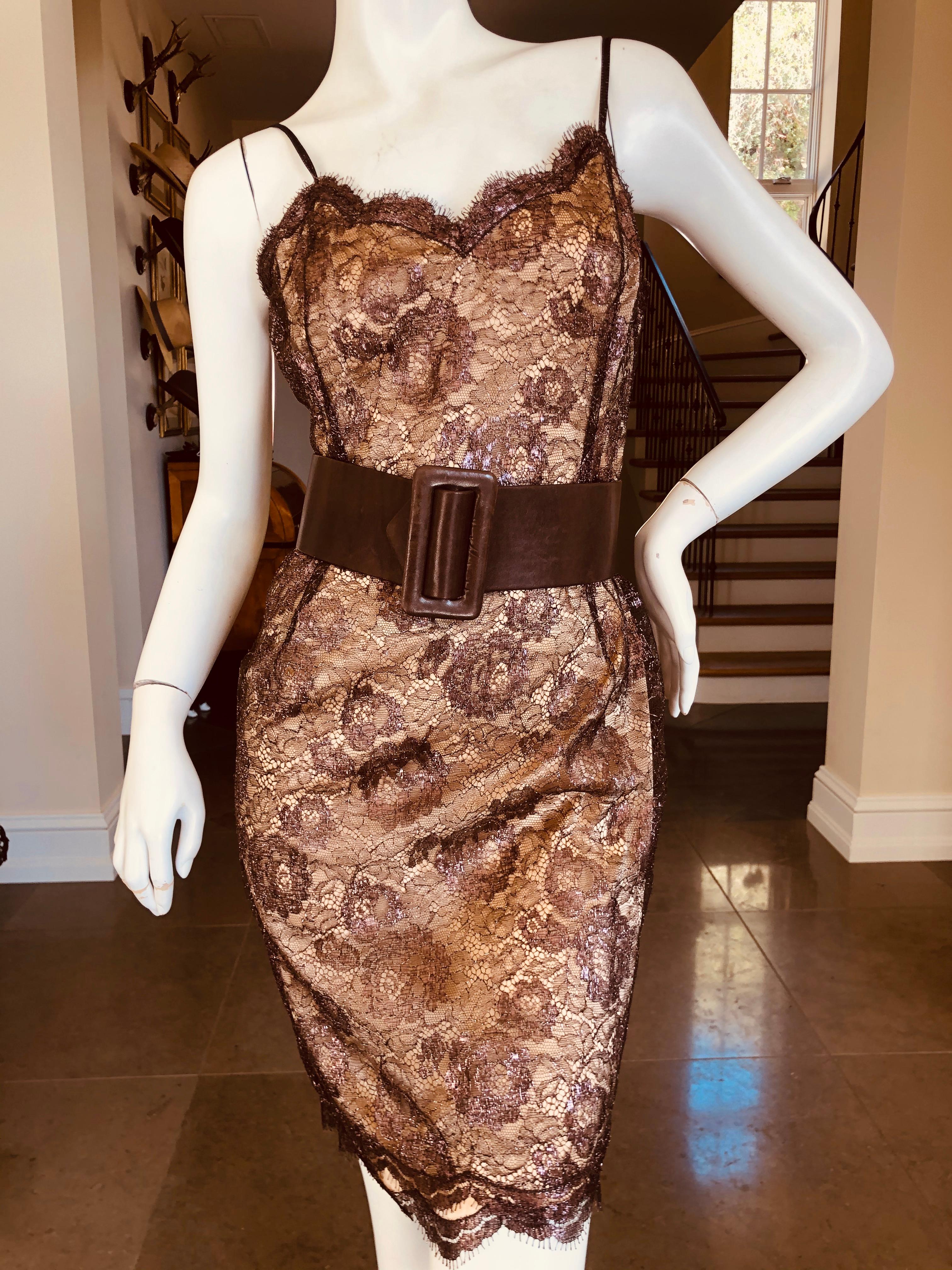 Geoffrey Beene Vintage Metallic Accented Lace Dress with Scallop Edges and Belt For Sale 1