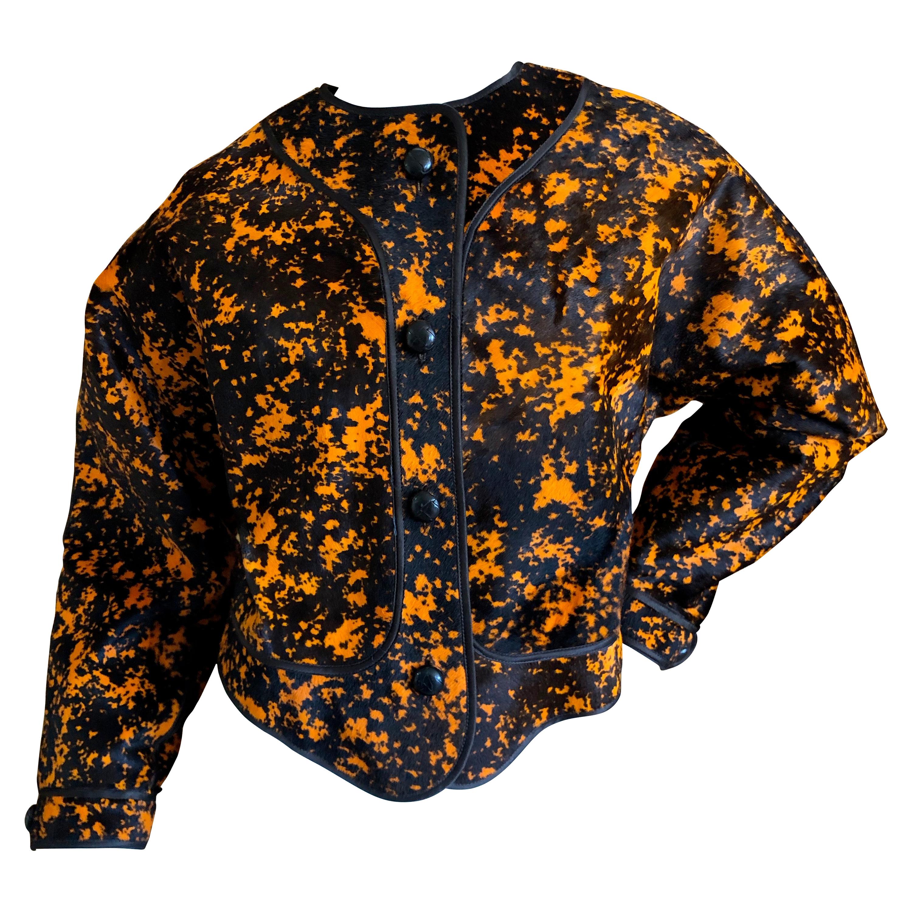 Geoffrey Beene Vintage Orange Splatter Print Ponyhair Jacket For Sale