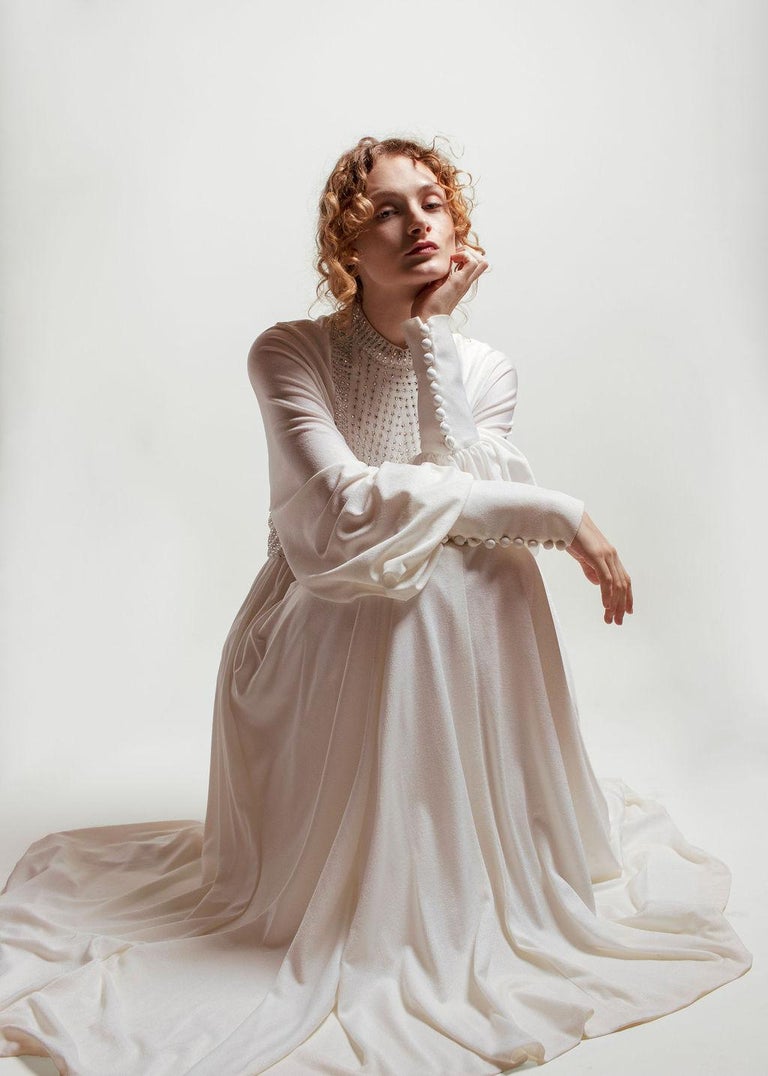 Geoffrey Beene White Bishop Sleeve Rhinestone Gown For Sale at 1stDibs