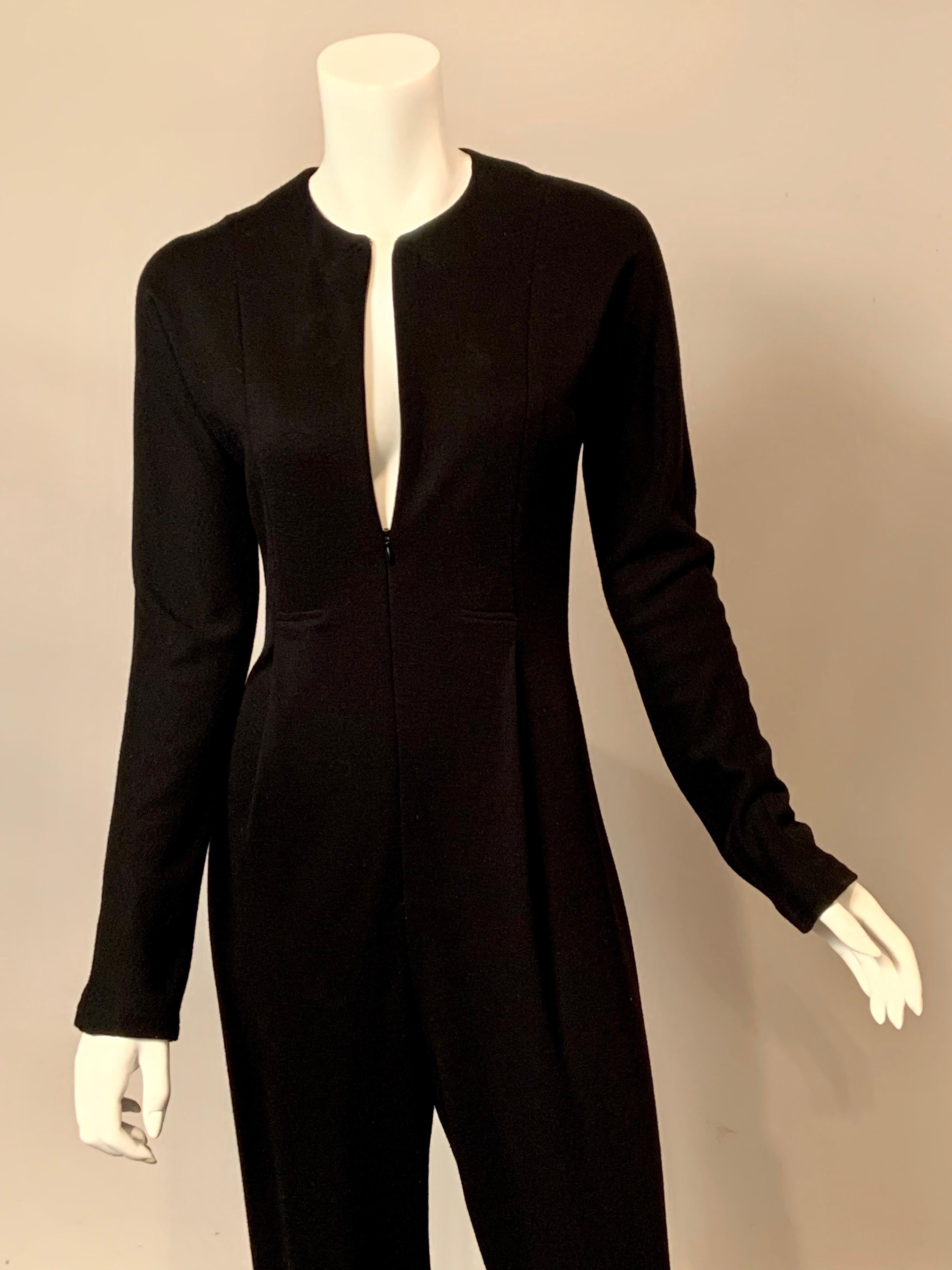Geoffrey Beene Zip Front Black Wool Jersey Jumpsuit In Excellent Condition In New Hope, PA