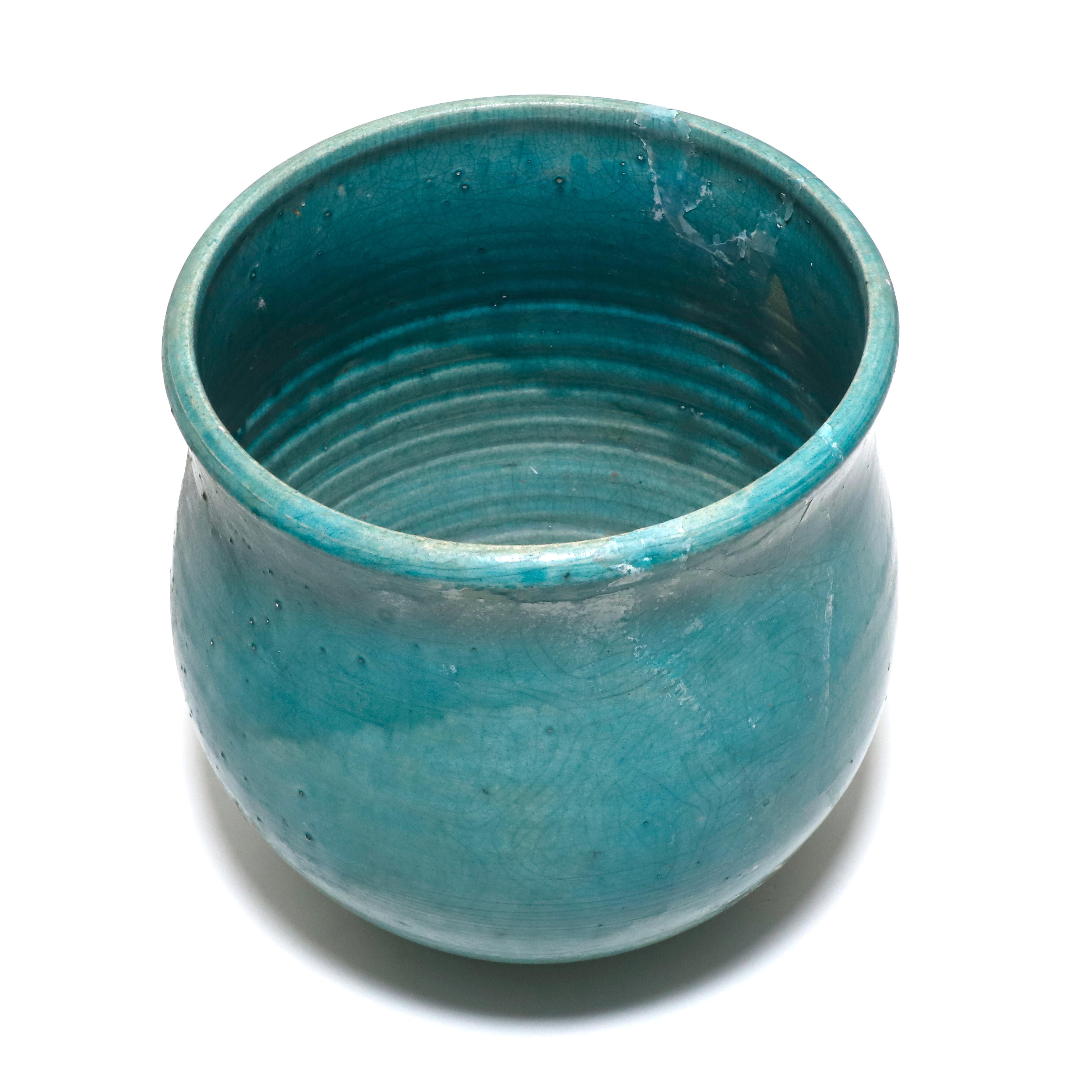 American Craftsman Geoffrey Borr Turquoise Glaze Pottery Vase Signed For Sale