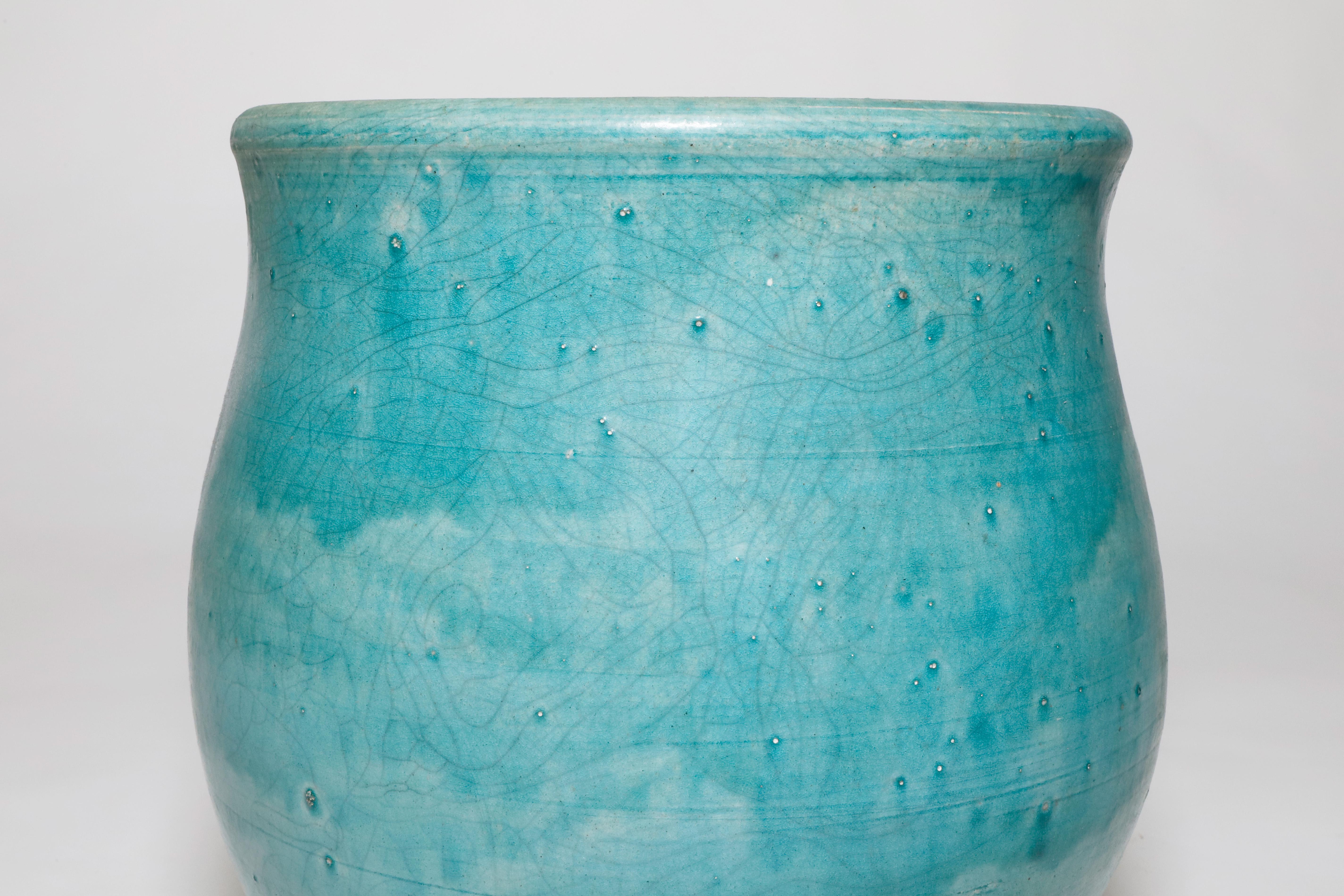 Hand-Crafted Geoffrey Borr Turquoise Glaze Pottery Vase Signed For Sale