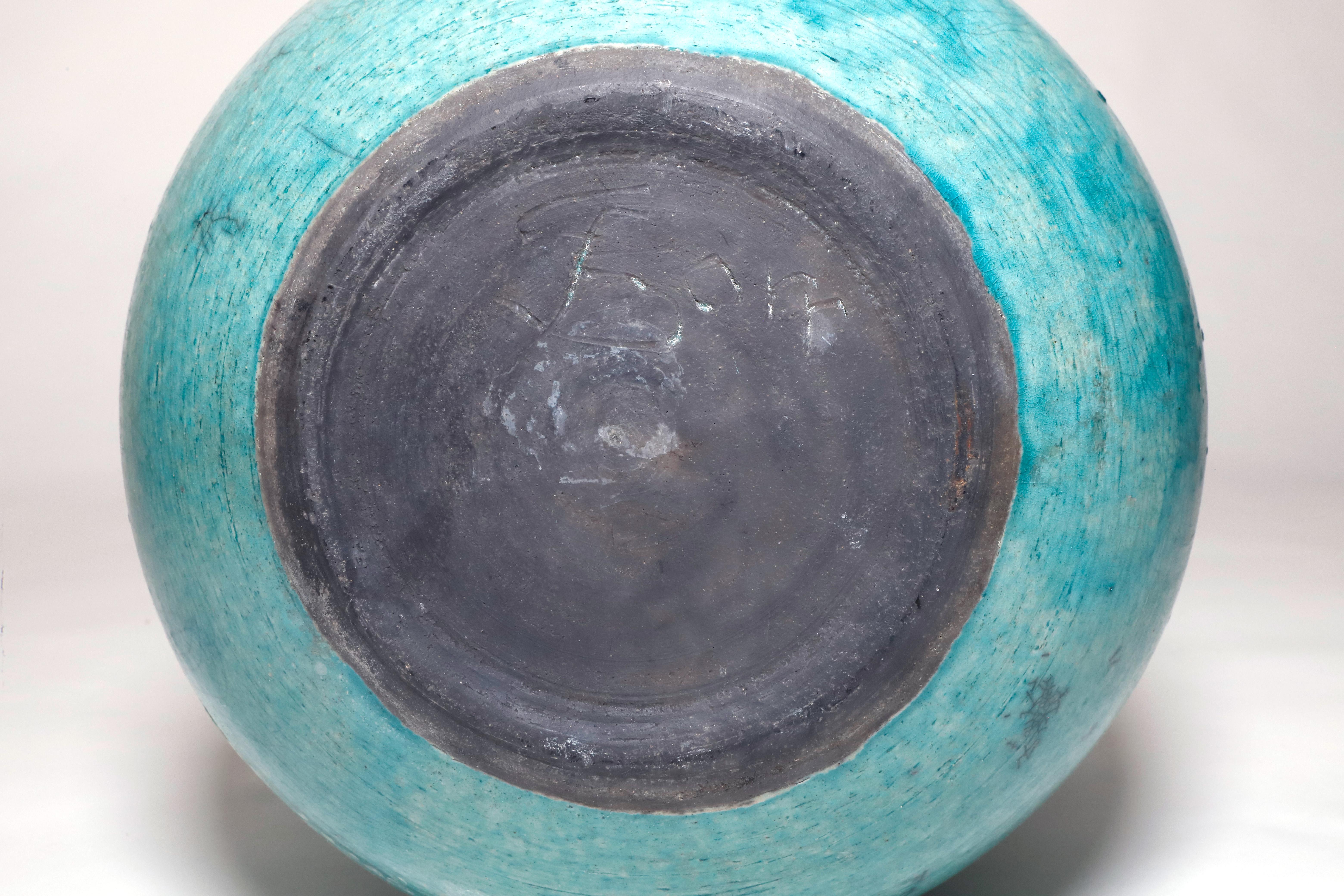 Geoffrey Borr Turquoise Glaze Pottery Vase Signed In Good Condition For Sale In New York, NY