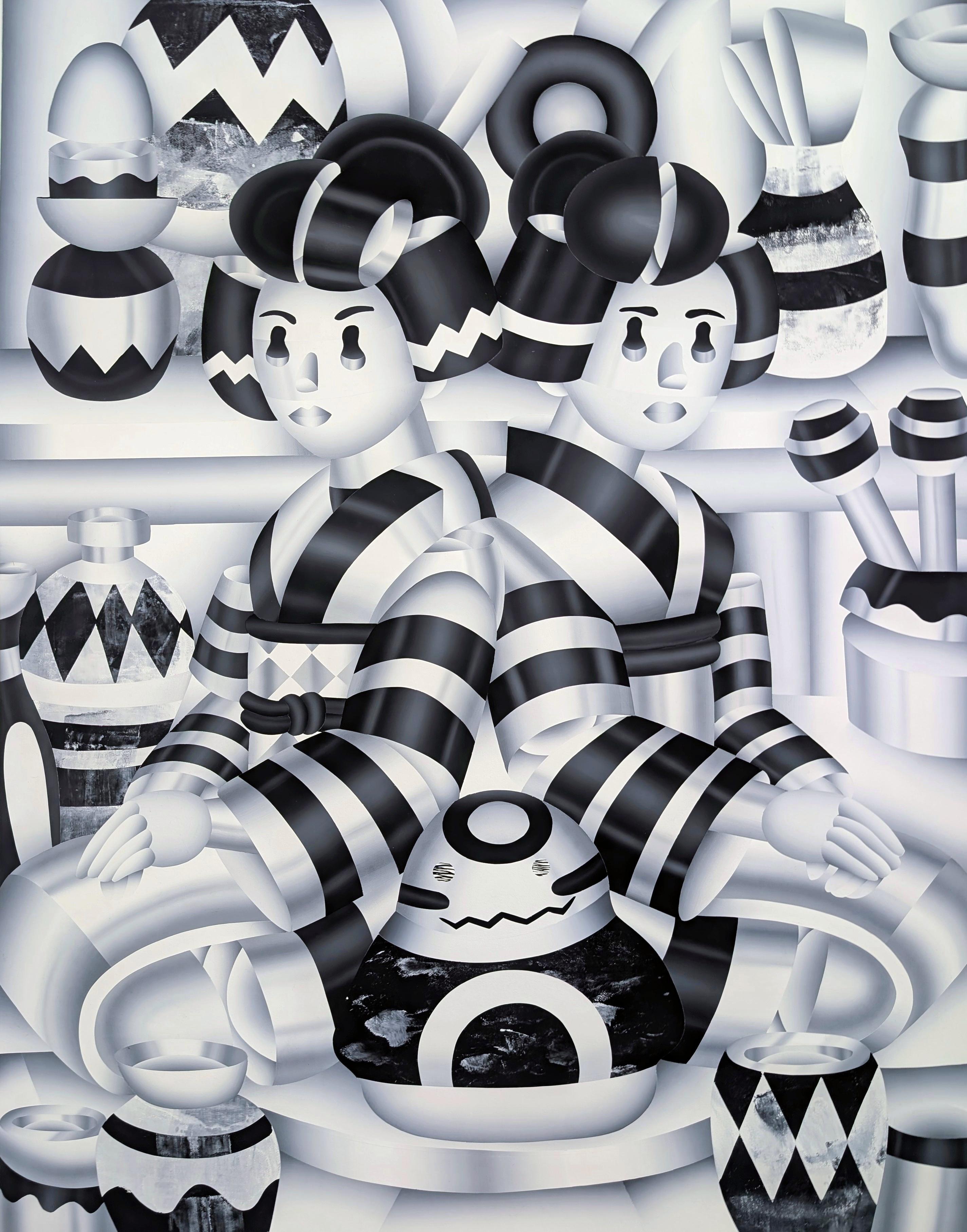 Two women, surrounded by ceramics. At the center — an Okiagari, the traditional doll that always rises when it falls. A symbol of resilience, balance, and quiet strength.

"I create works that oscillate between the mechanical and the human. Assembly