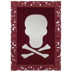 Geoffrey Bradfield Modern Maroon Filigree Frame Skull and Crossbones Mirror