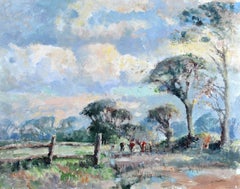 Cattle in a Landscape - English Impressionist Bucolic Oil on Board Painting