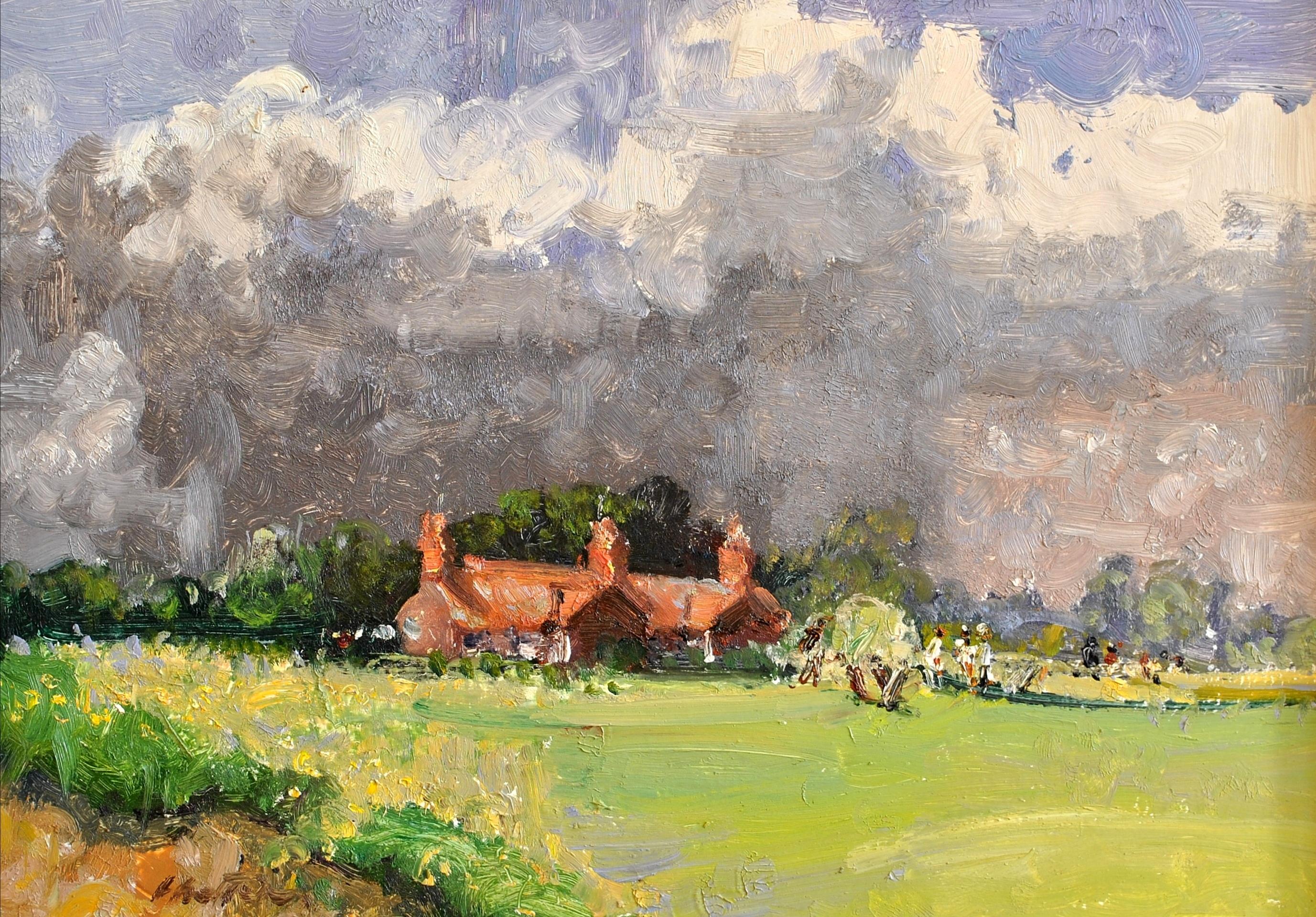 Cricket auf dem Grünen - Impressionistisches Landschaftsgemälde aus Suffolk East Anglia – Painting von Geoffrey Chatten