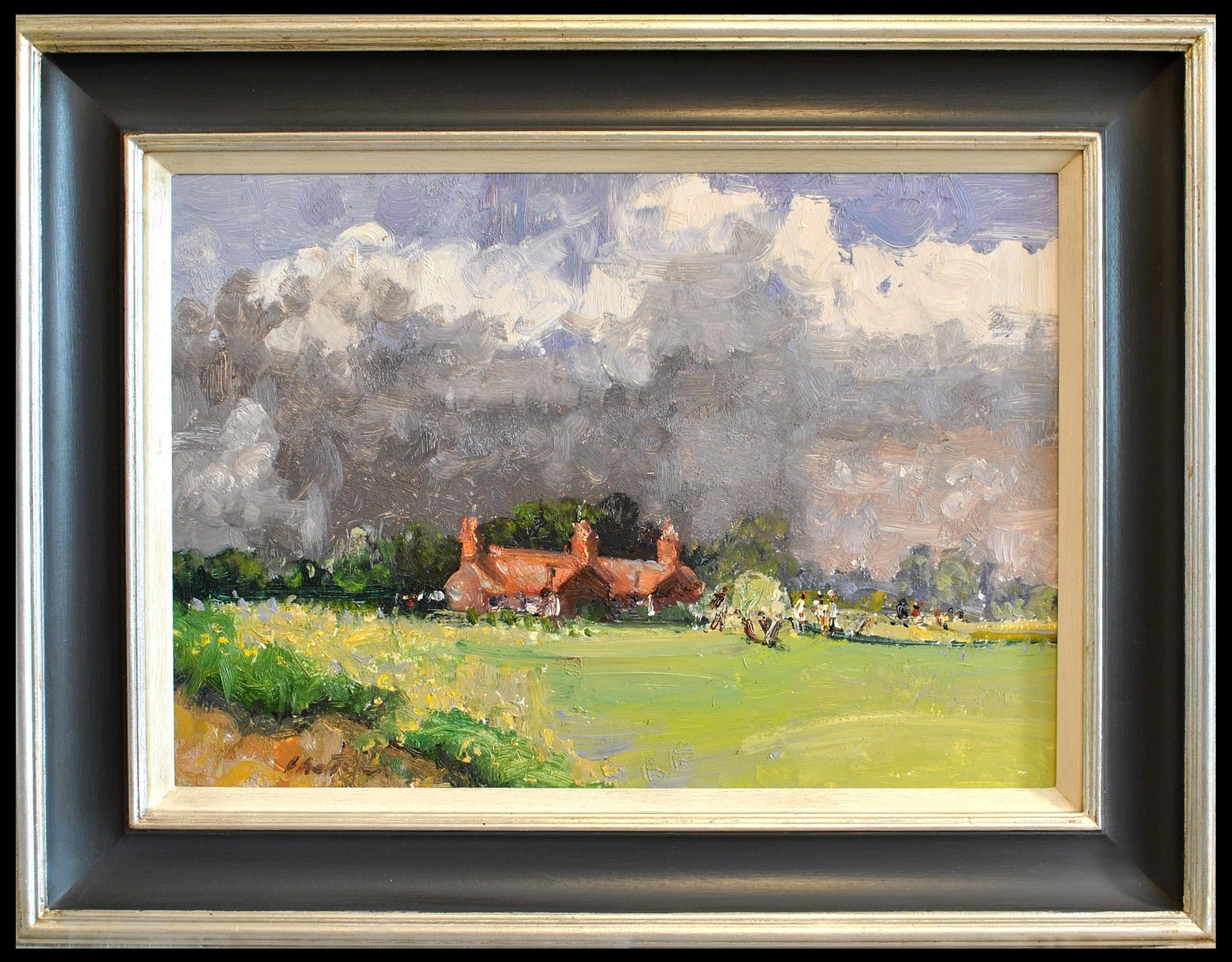 A very beautiful English impressionist oil on board depicting figures playing cricket on the green in front of a pavilion, by the popular Norfolk artist Geoffrey Chatten. 

This excellent quality work has been executed with beautiful fast impasto