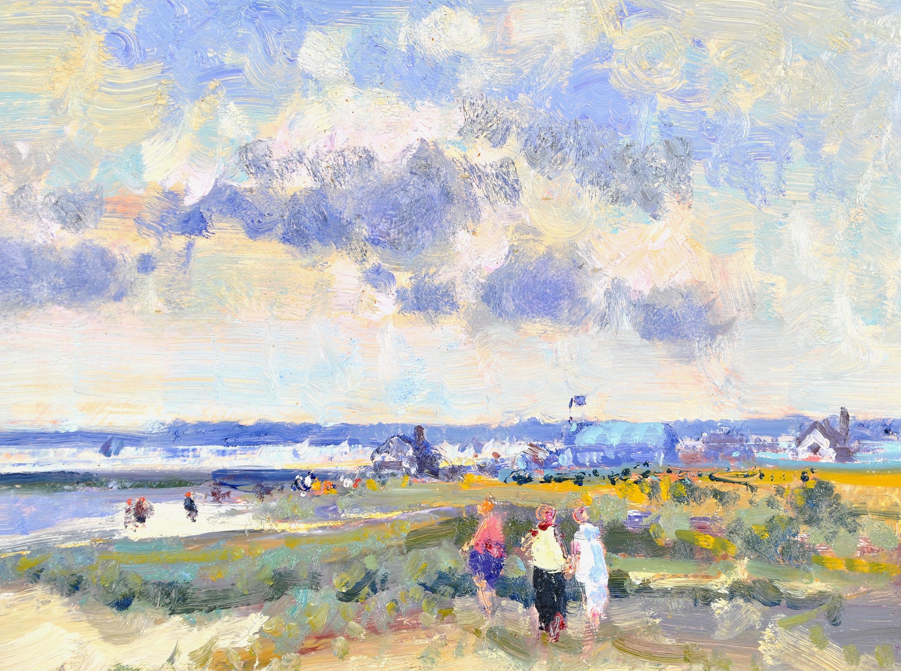 Precioso óleo English Impressionist sobre tabla que representa figuras en las dunas de la playa de Southwold, Suffolk, obra del popular artista de Norfolk Geoffrey Chatten. 

Este paisaje de playa de excelente calidad se ha ejecutado con un bello