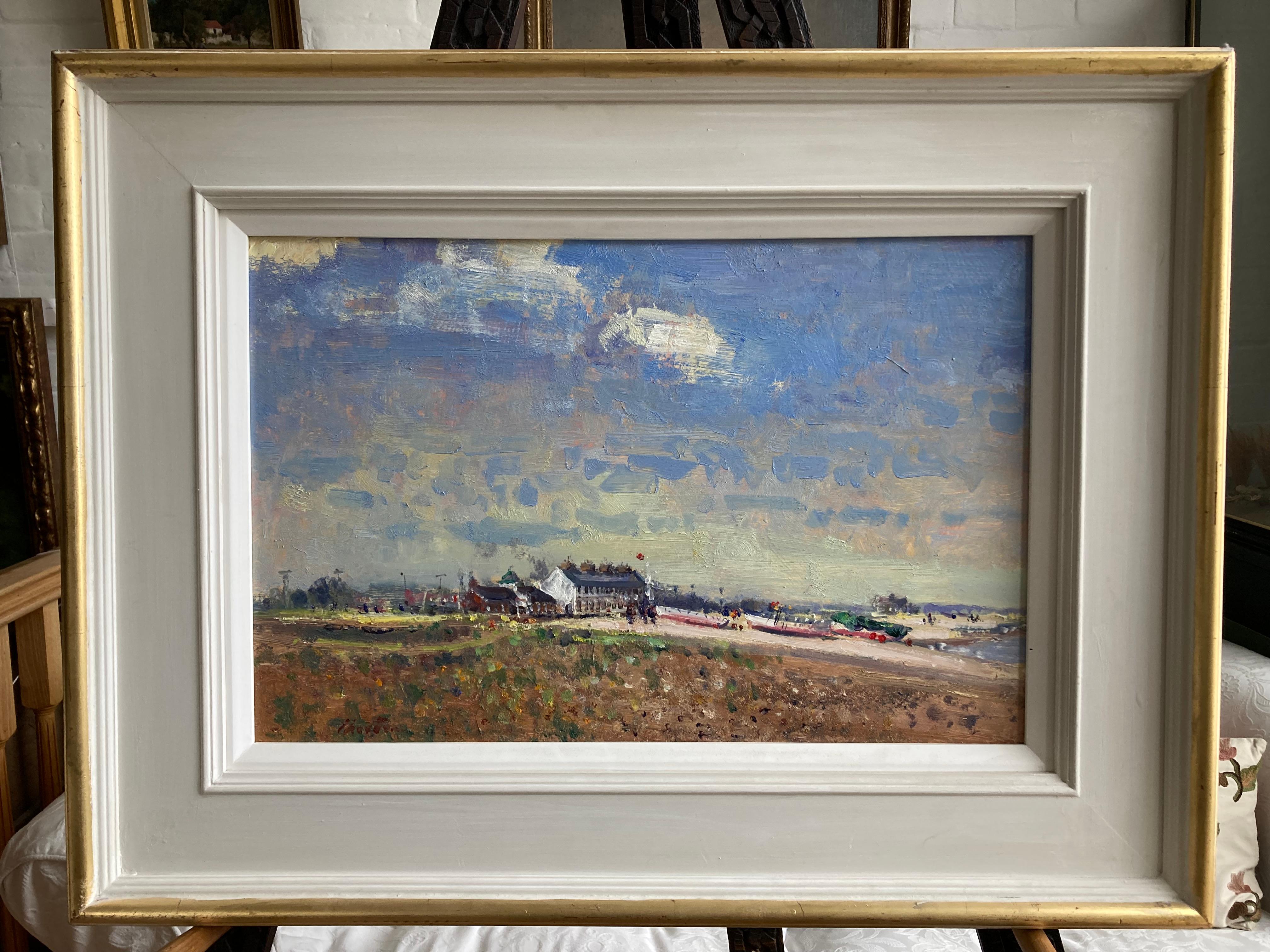 A wonderful summer sky in this well known Suffolk view. 

Geoffrey Chatten ( born 1942)
Shingle Street, Suffolk
Signed
Oil on board
14 x 21 inches including the frame
22 x 29 with the frame

Born at Gorleston-on-Sea, Norfolk, the artist had a keen