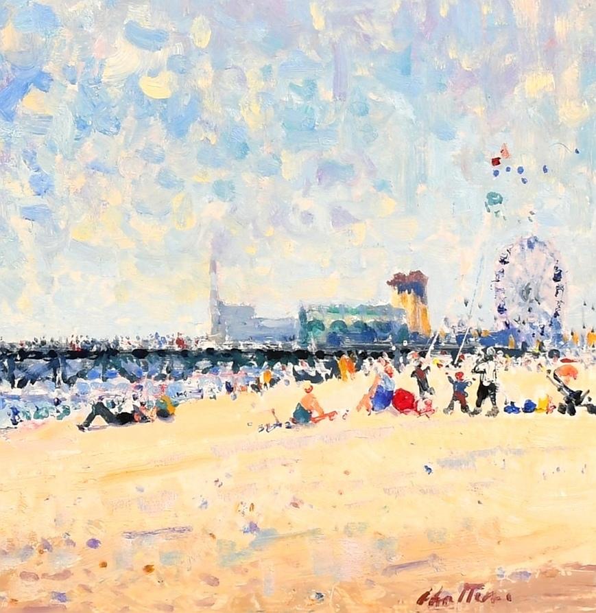 Great Yarmouth Beach - Impressionist Norfolk East Anglia Landscape Oil Painting - Beige Landscape Painting by Geoffrey Chatten
