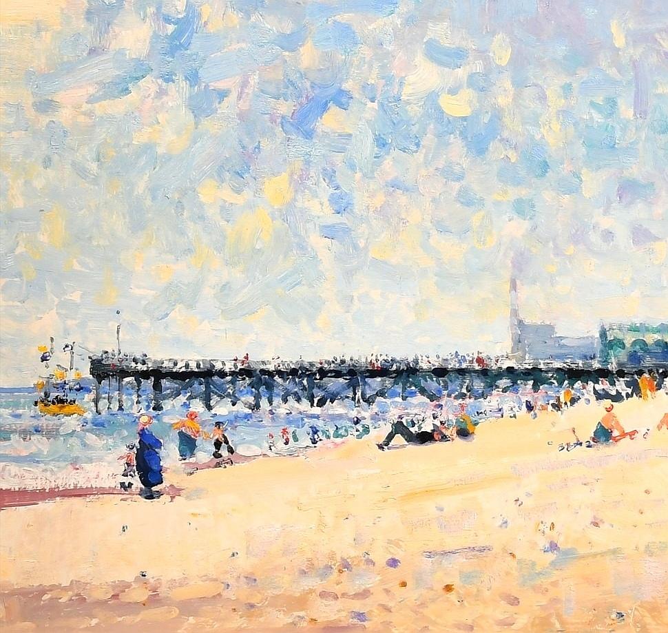 A beautiful large English impressionist oil on board depicting figures on Great Yarmouth beach, by the popular Norfolk artist Geoffrey Chatten. 

Excellent quality work in superb original condition. The work is signed lower right and presented in a