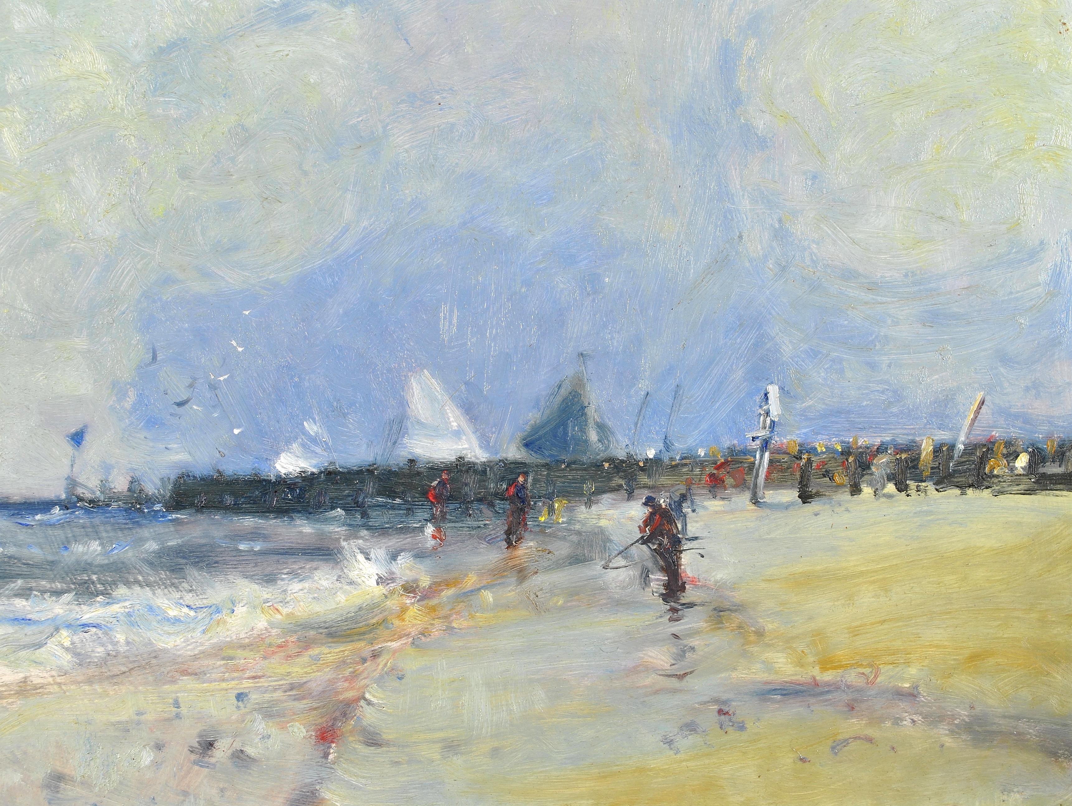 The Beach Groyne - English Impressionist Seascape, Oil on Board Painting - Gray Landscape Painting by Geoffrey Chatten