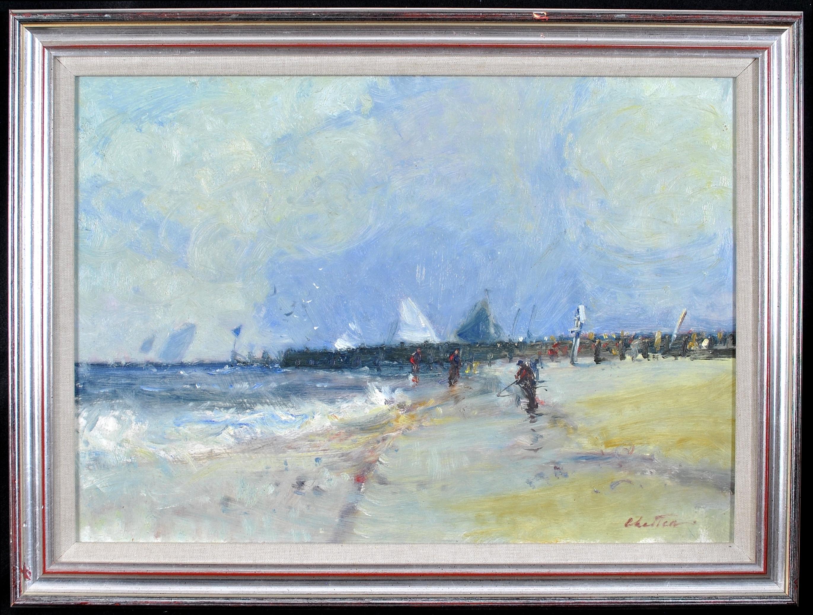 Geoffrey Chatten Landscape Painting - The Beach Groyne - English Impressionist Seascape, Oil on Board Painting