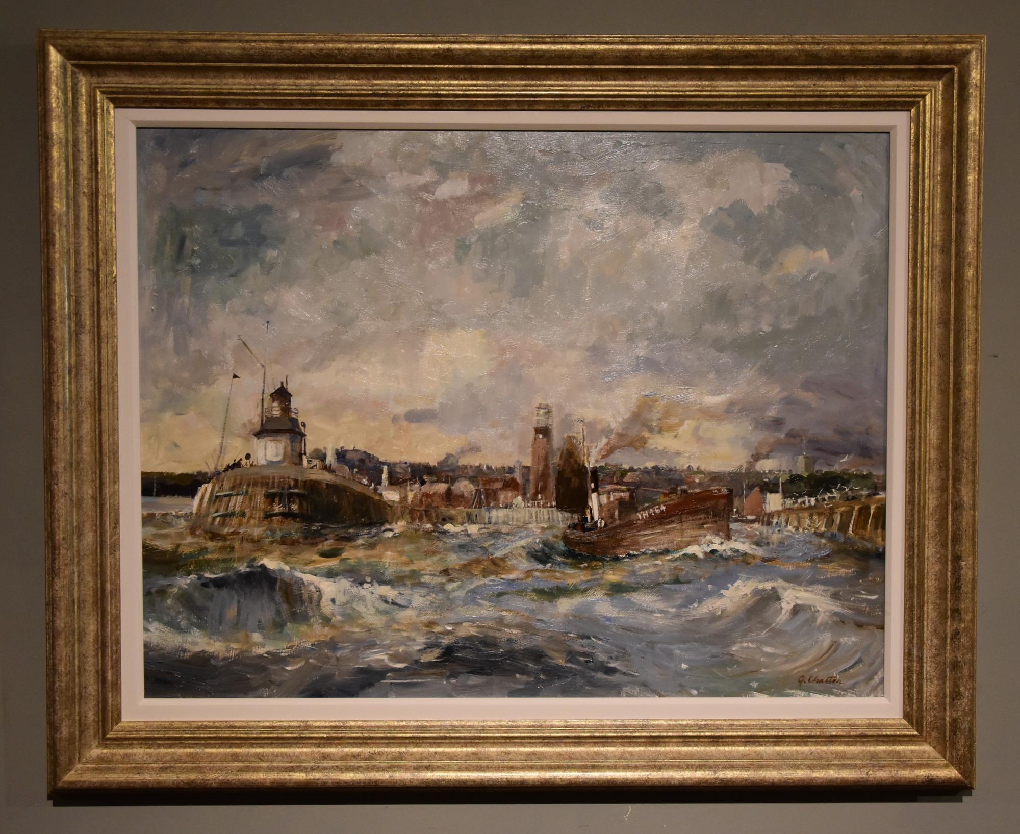 Landscape Painting de Geoffrey chatten - Pintura al óleo de Geoffrey Chatten R.B.A. "Puerto de Gorleston, Yarmouth".
