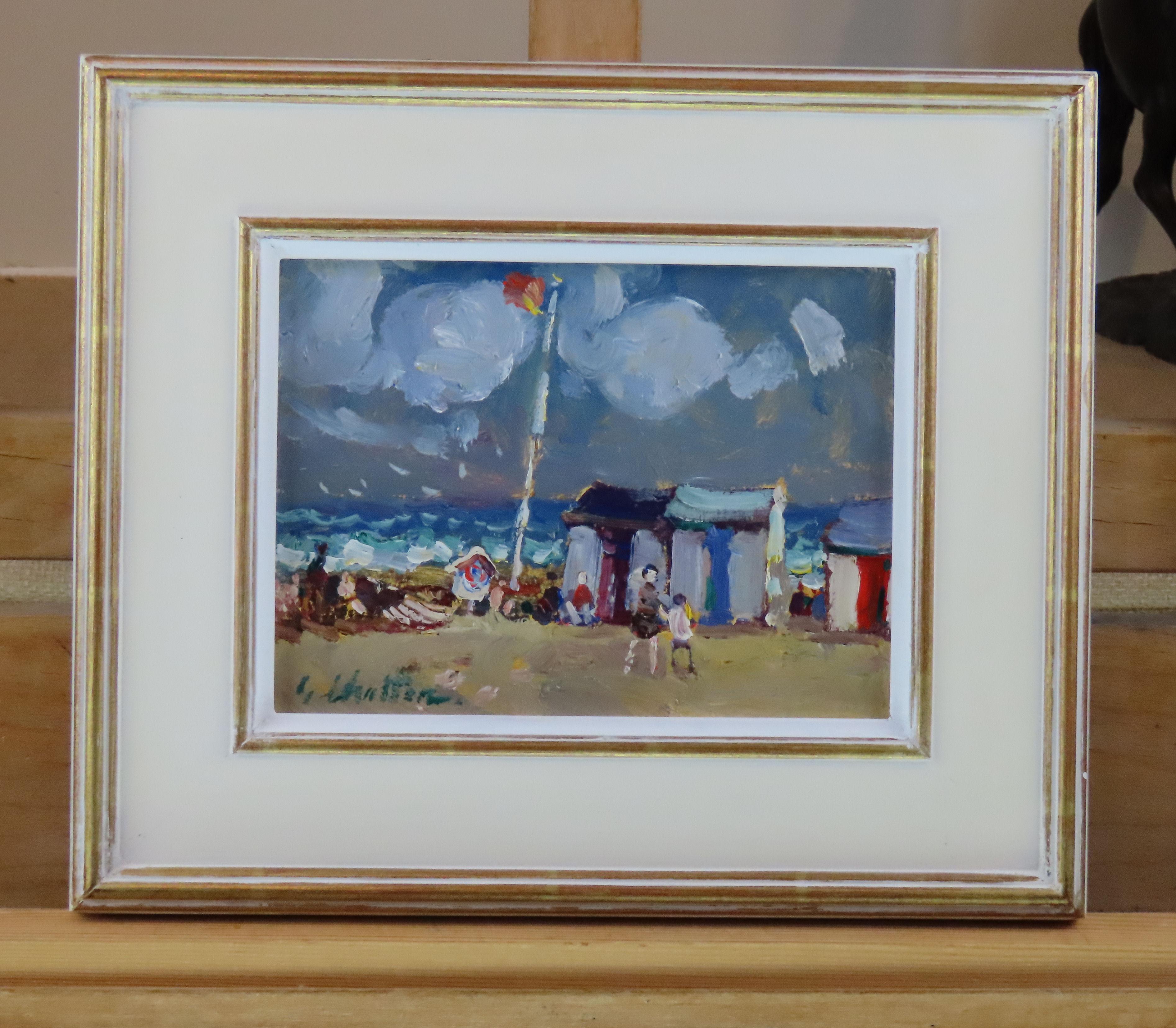 Original Ölgemälde auf Karton, Geoffrey Chatten R.B.A. „Beach Huts, Lowestoft“, Geoffrey Chatten R.B.A. im Angebot 1