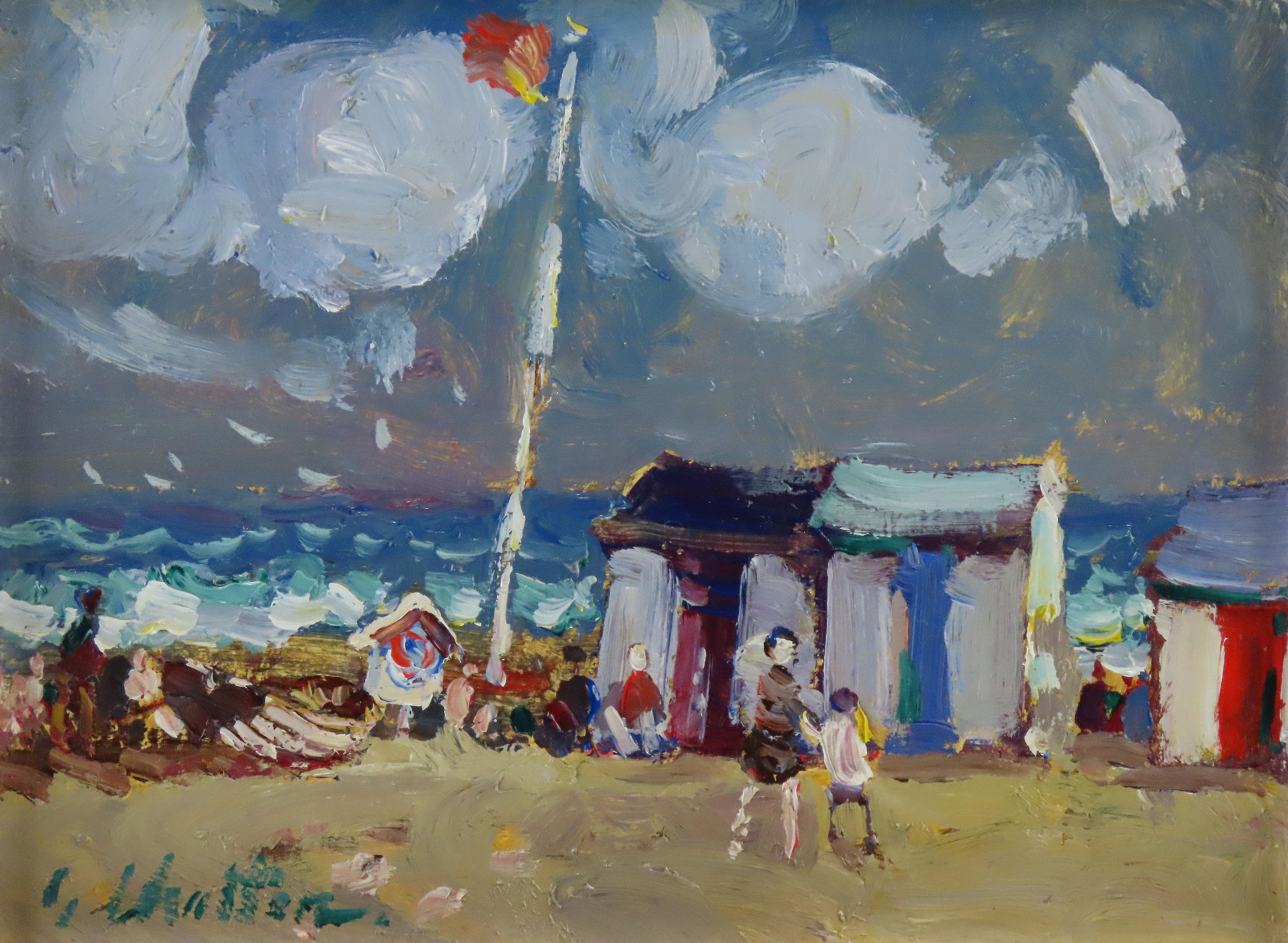 Original Ölgemälde auf Karton, Geoffrey Chatten R.B.A. „Beach Huts, Lowestoft“, Geoffrey Chatten R.B.A. im Angebot 2