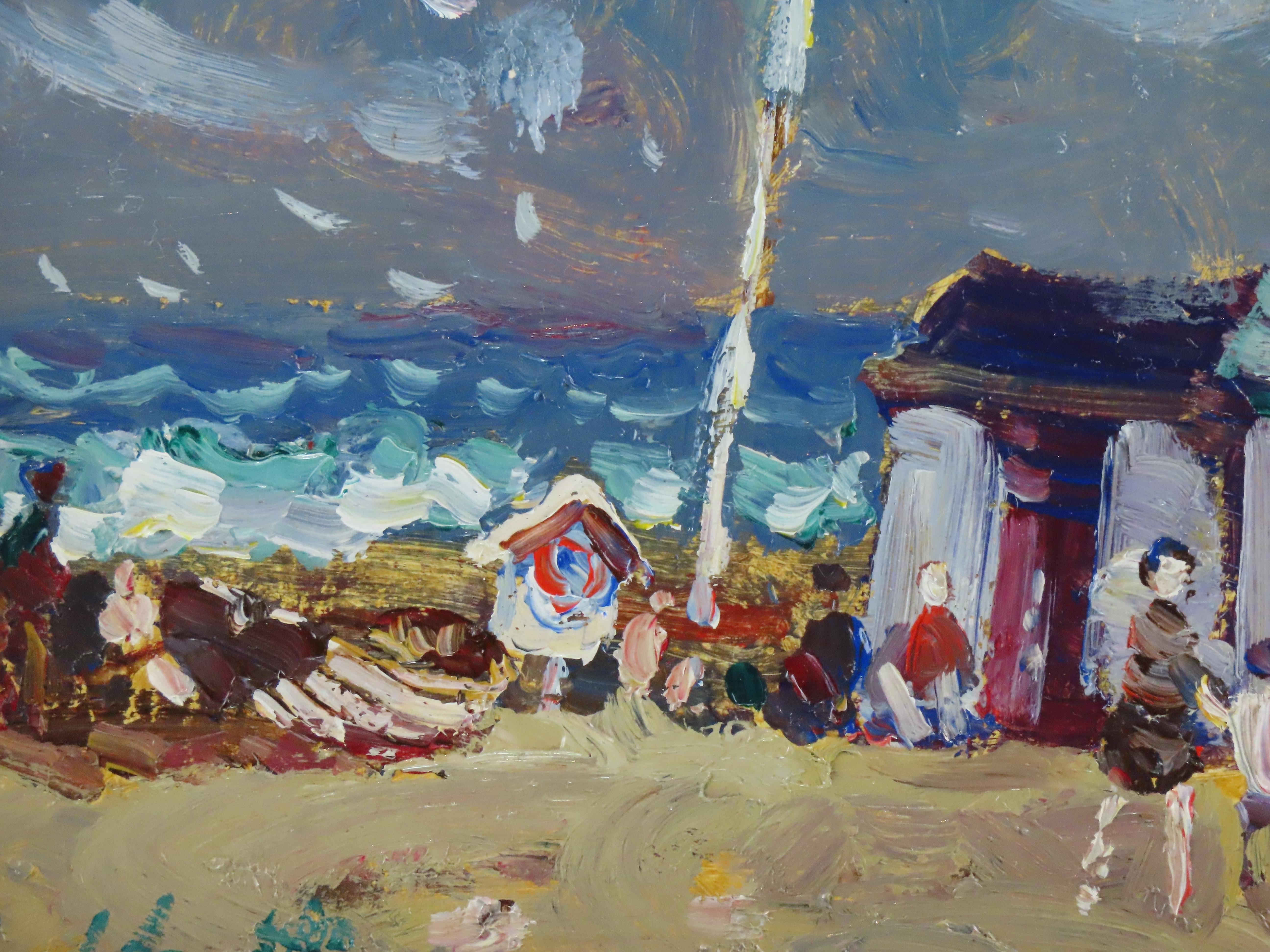 Original Ölgemälde auf Karton, Geoffrey Chatten R.B.A. „Beach Huts, Lowestoft“, Geoffrey Chatten R.B.A. im Angebot 3