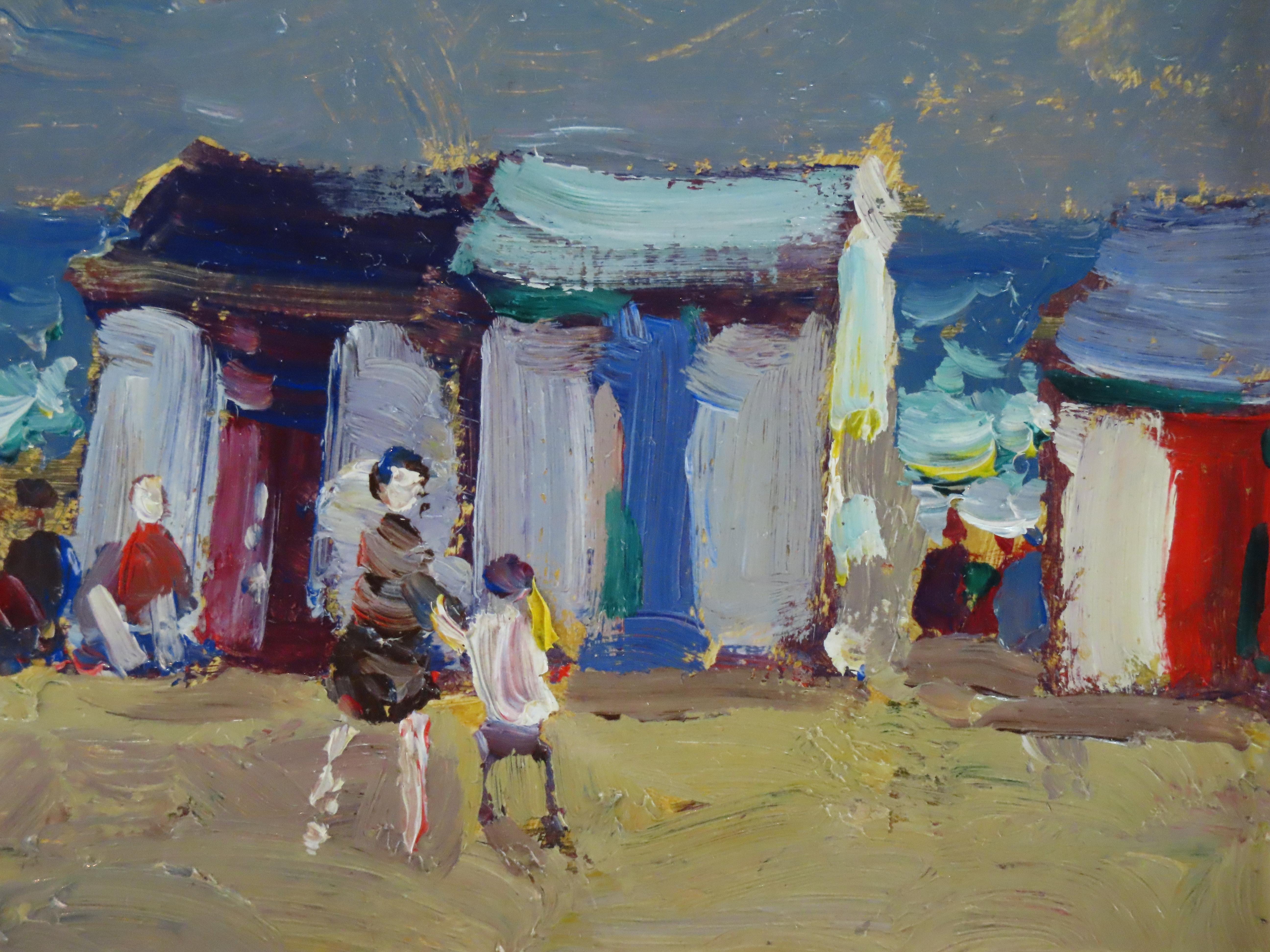 Original Ölgemälde auf Karton, Geoffrey Chatten R.B.A. „Beach Huts, Lowestoft“, Geoffrey Chatten R.B.A. im Angebot 4