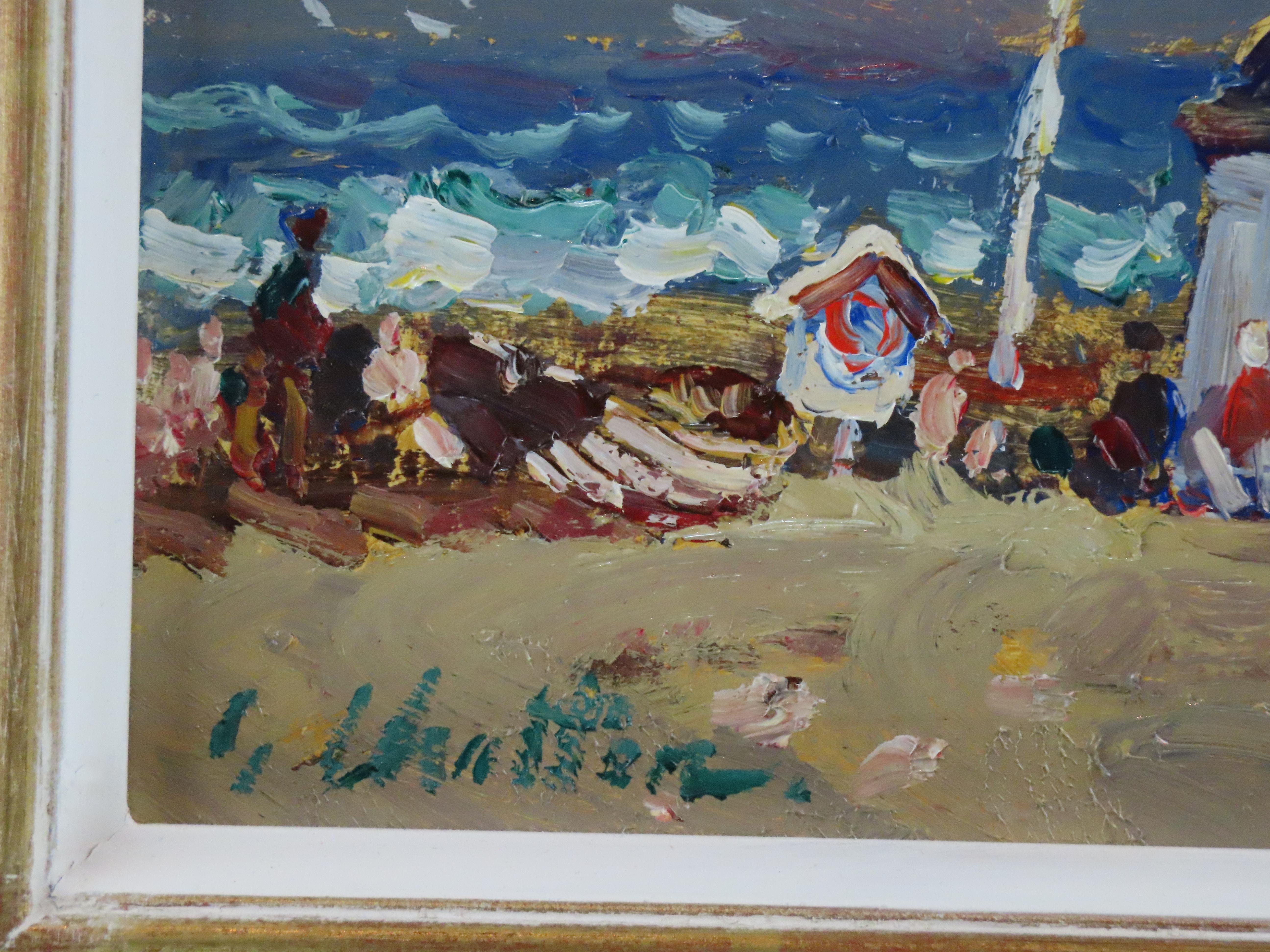 Original Ölgemälde auf Karton, Geoffrey Chatten R.B.A. „Beach Huts, Lowestoft“, Geoffrey Chatten R.B.A. im Angebot 5