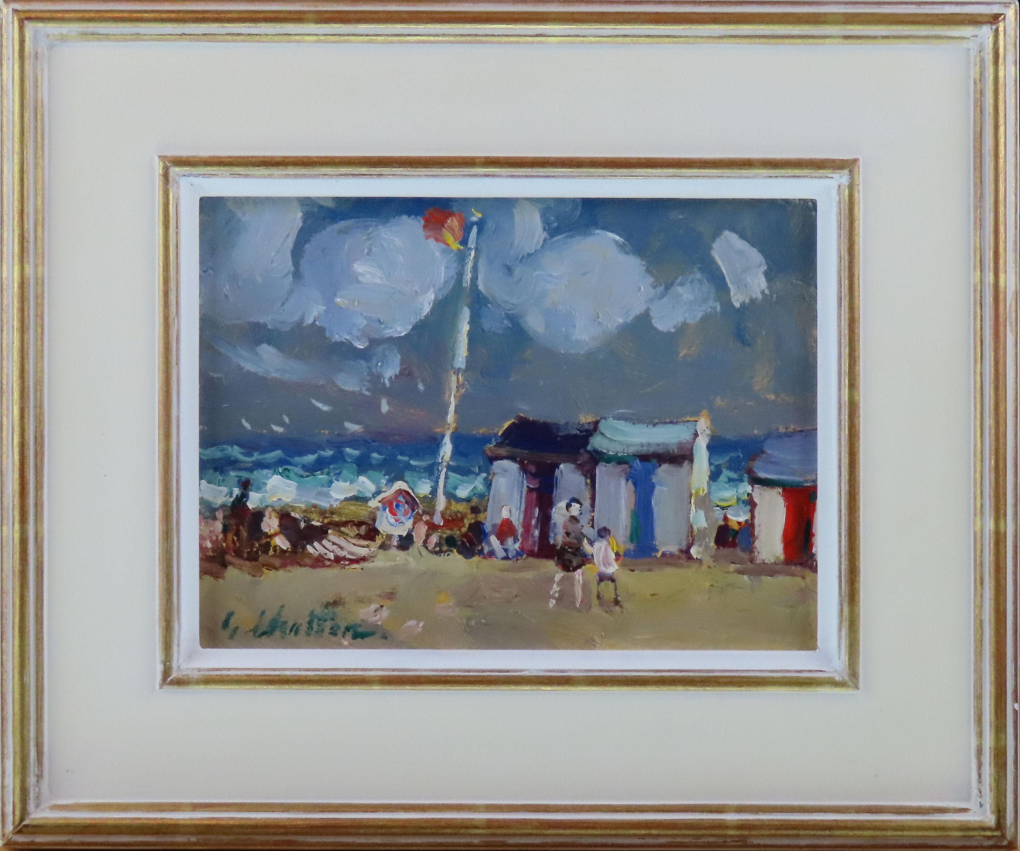 Original Ölgemälde auf Karton, Geoffrey Chatten R.B.A. „Beach Huts, Lowestoft“, Geoffrey Chatten R.B.A.