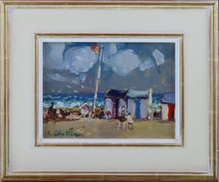 Huile sur panneau d'origine, Geoffrey Chatten R.B.A., Beach Huts, Lowestoft
