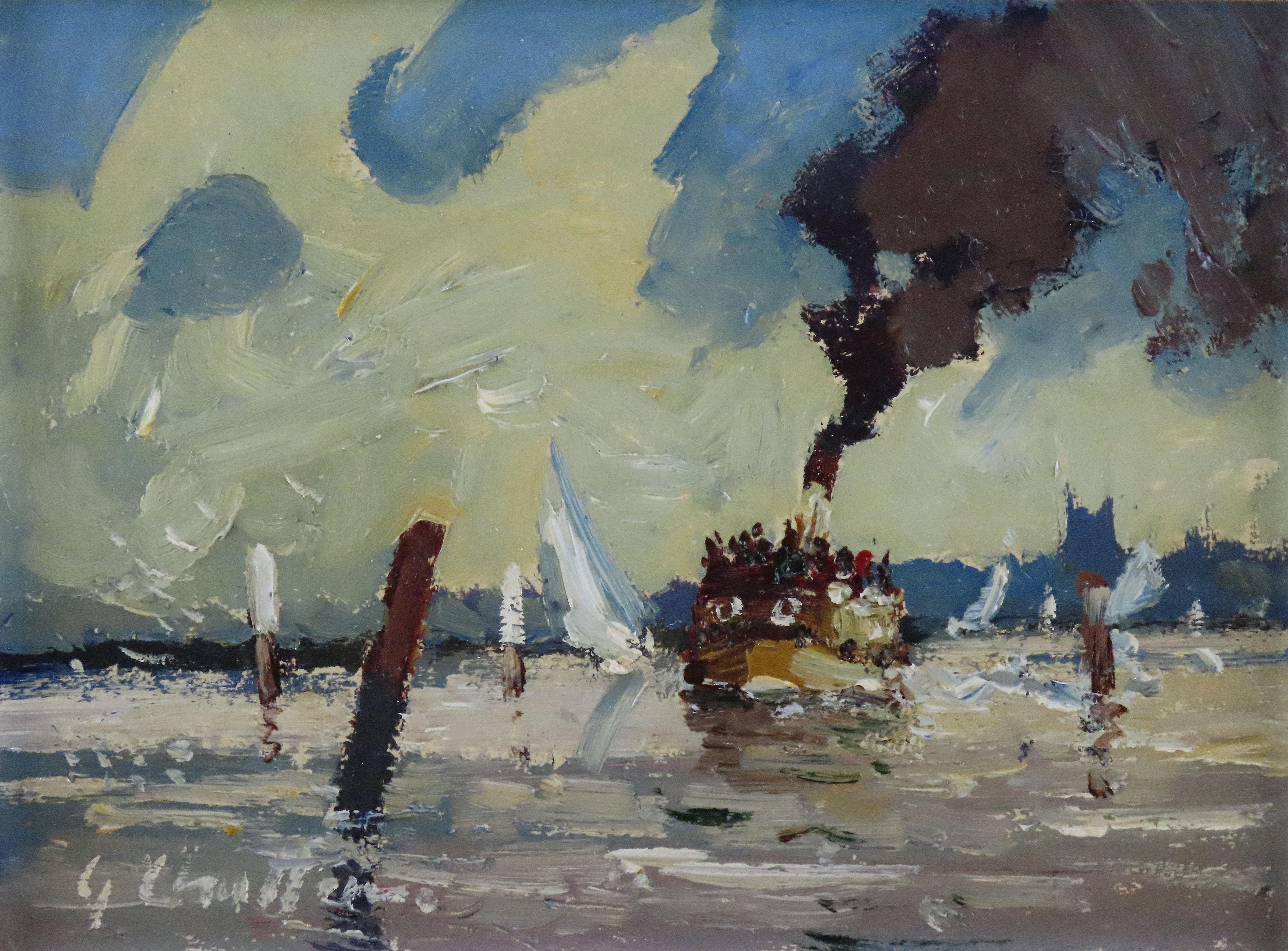 Ölgemälde auf Karton, Geoffrey Chatten R.B.A. „Steamboat, Breydon“, Geoffreydon“, Original im Angebot 2