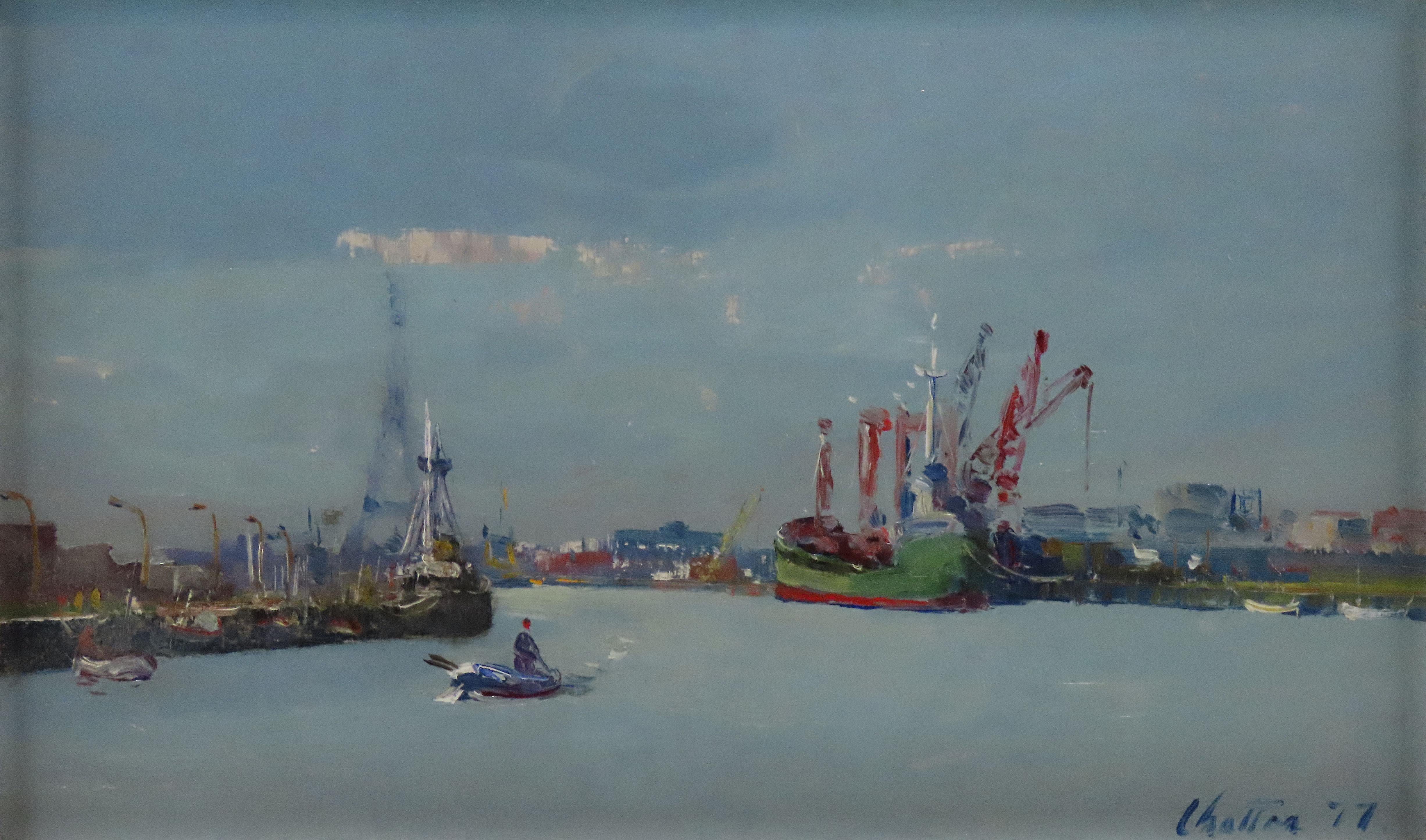 Huile sur panneau d'origine, Geoffrey Chatten R.B.A. « Yarmouth Harbour » en vente 2