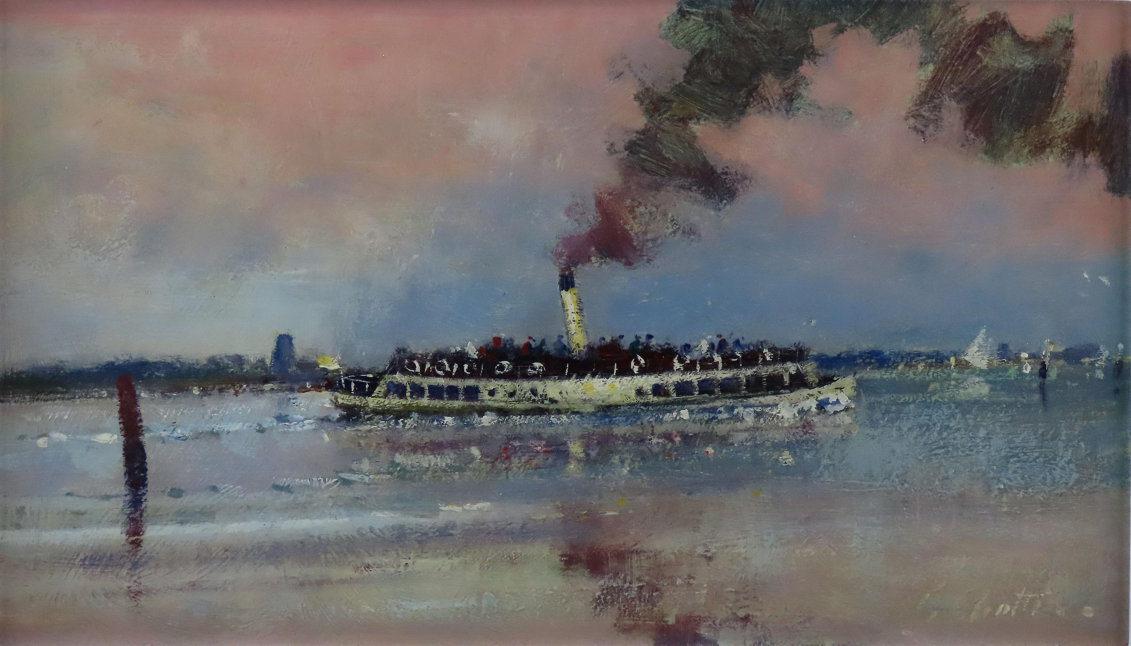 Original Ölgemälde auf Karton, Geoffrey Chatten R.B.A. „Steam Boat, Breydon“, Gemälde im Angebot 2