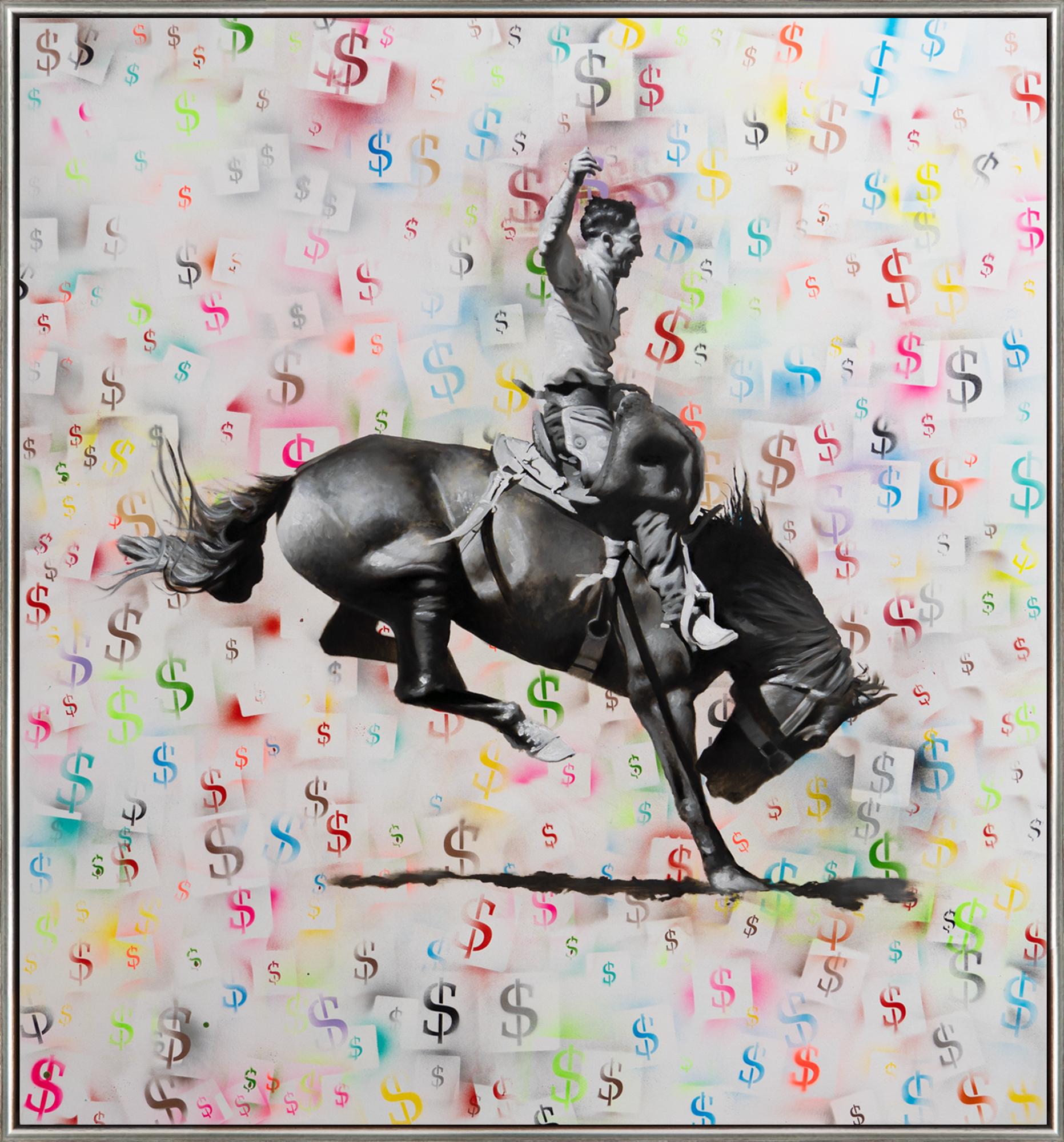 "Cowboy da un milione di dollari" Quadro contemporaneo ad olio e acrilico su tela con cornice