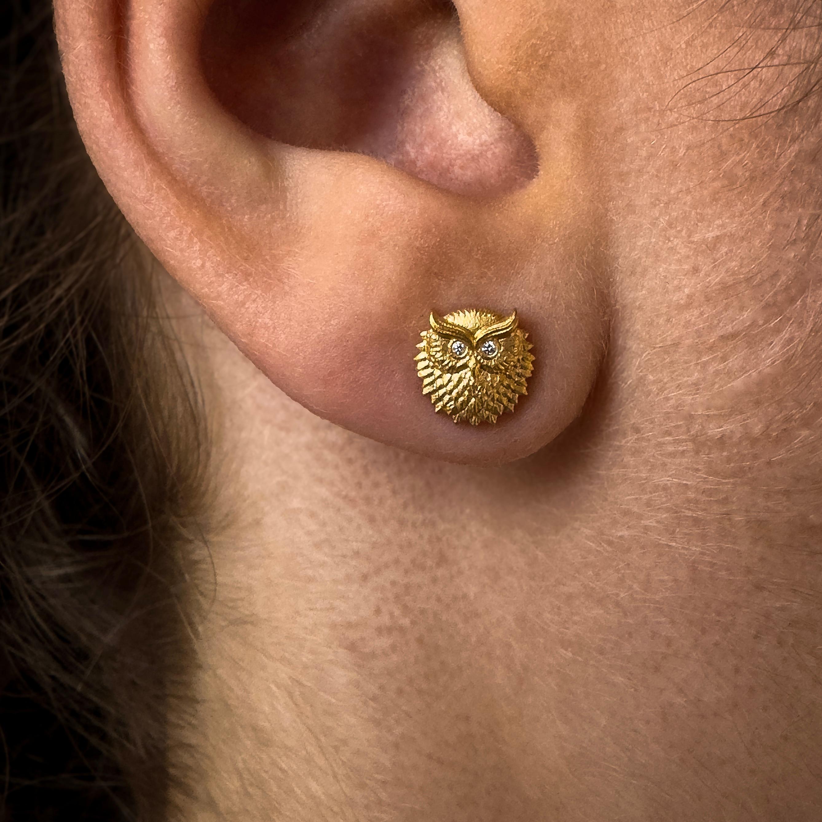 Tap into the power to see the truth with the Wise Owl, our third in a series of talismanic animal studs. Crafted in solid brushed 18k Yellow Gold with tiny natural diamonds eyes, each owl measures about 8mm in diameter.

Premium posts and friction