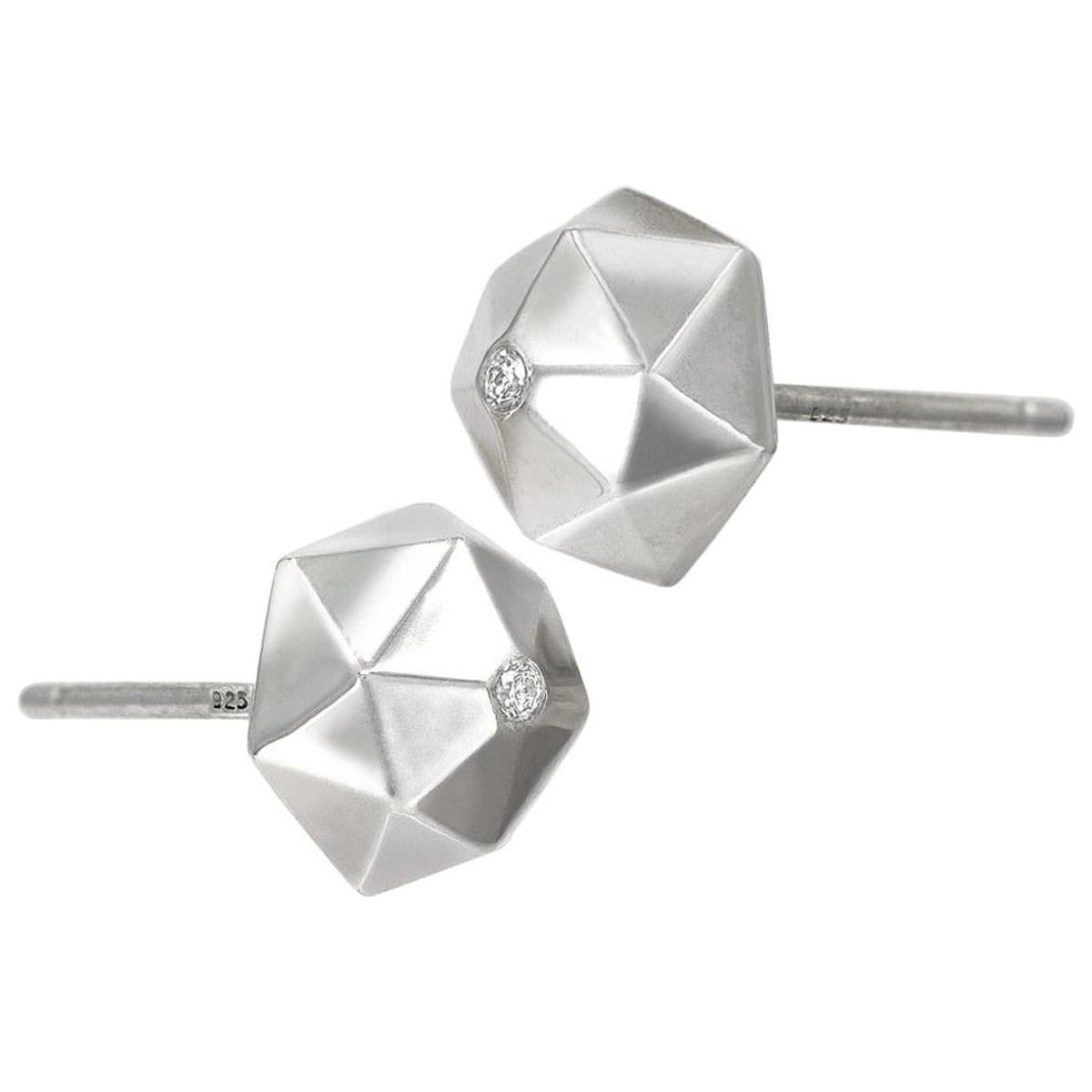 Brilliant White Diamond Super High Polish Hedra Stud Earrings, Geoffrey Good