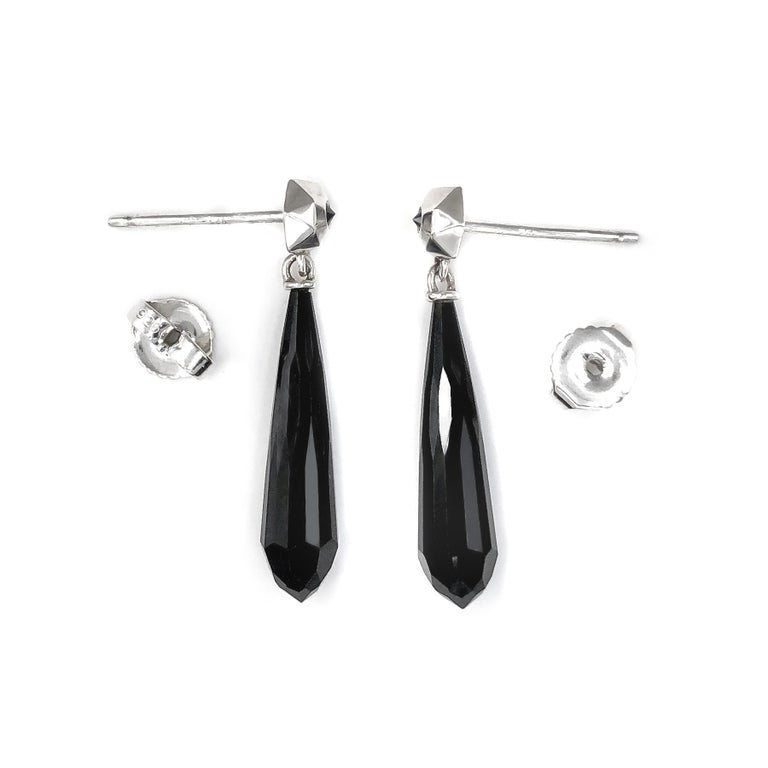 Contemporary Faceted Black Jade Inverted Black Diamond Silver Hex Drop Earring, Geoffrey Good For Sale