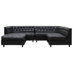 Geoffrey Harcourt Style Tufted Black Leather Sectional Sofa with Ottoman