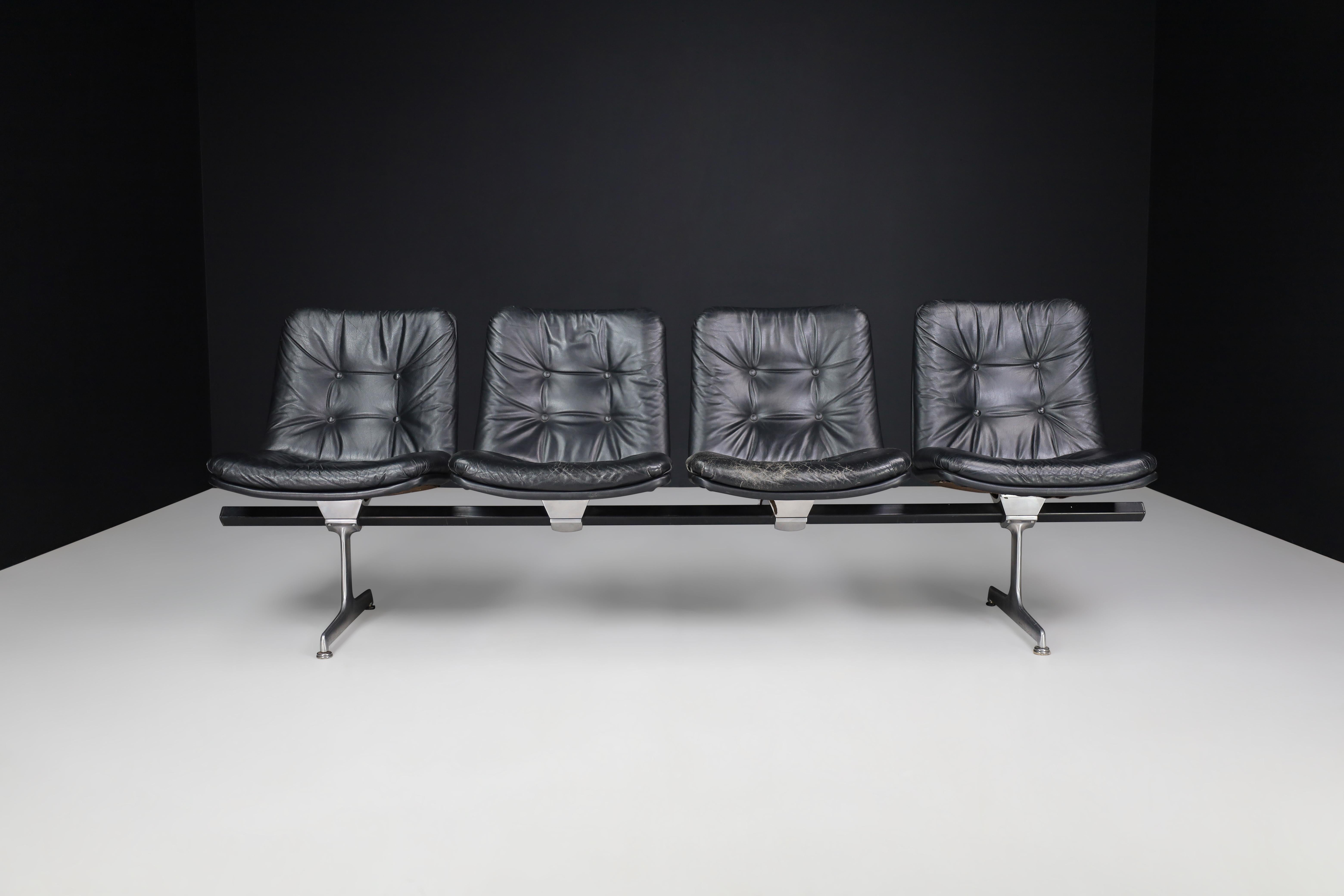 Geoffrey Harcourt Leather Bench for Artifort, The Netherlands 1960s

This midcentury four-seat bench, designed by Geoffrey D. Harcourt for Artifort in the 1960s, would be a great addition to any office or waiting area. The modular seating system